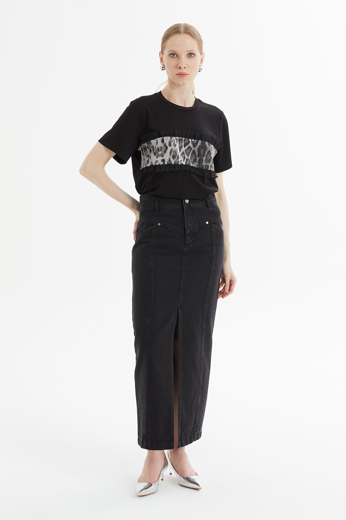 Yüksek Bel Ön Yırtmaçlı Denim Etek