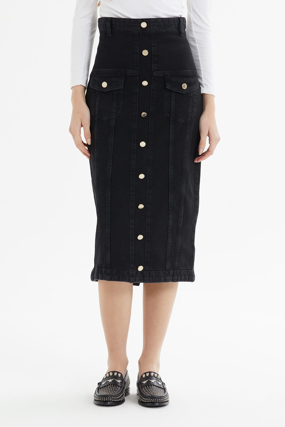 4 Cepli Düğme Ve Trok Detaylı Arkası Yırtmaçlı Yüksek Bel Midi Boy Jean Kalem Etek