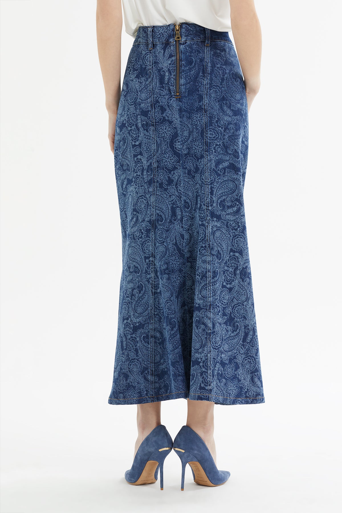 Arkası Fermuarlı Denim Uzun Etek