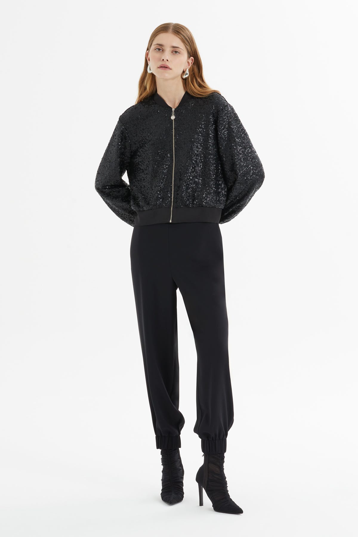 Önü Metal Fermuarlı Pul Payet Bomber Ceket