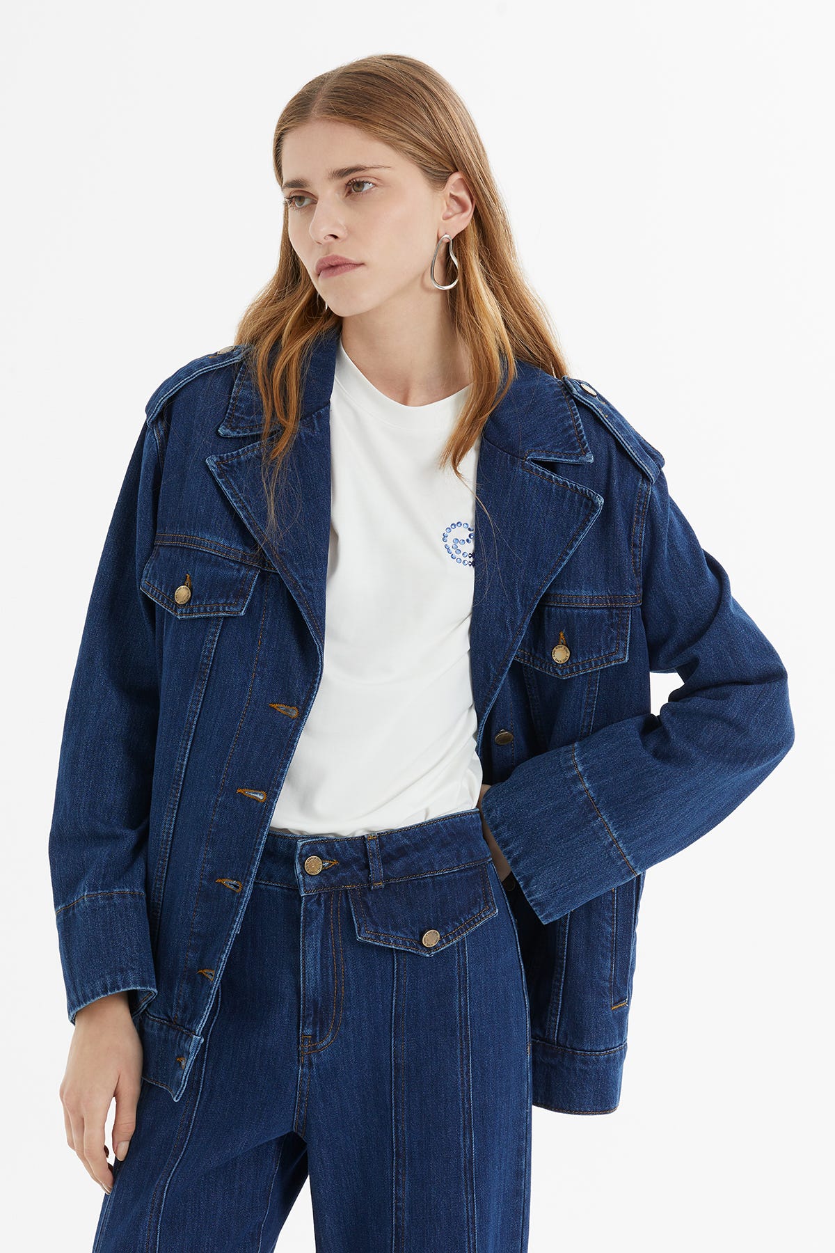 Apolet Detaylı Oversize Denim Ceket