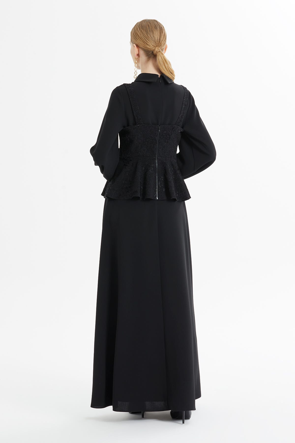 Dantel Detaylı Peplum Uzun Elbise