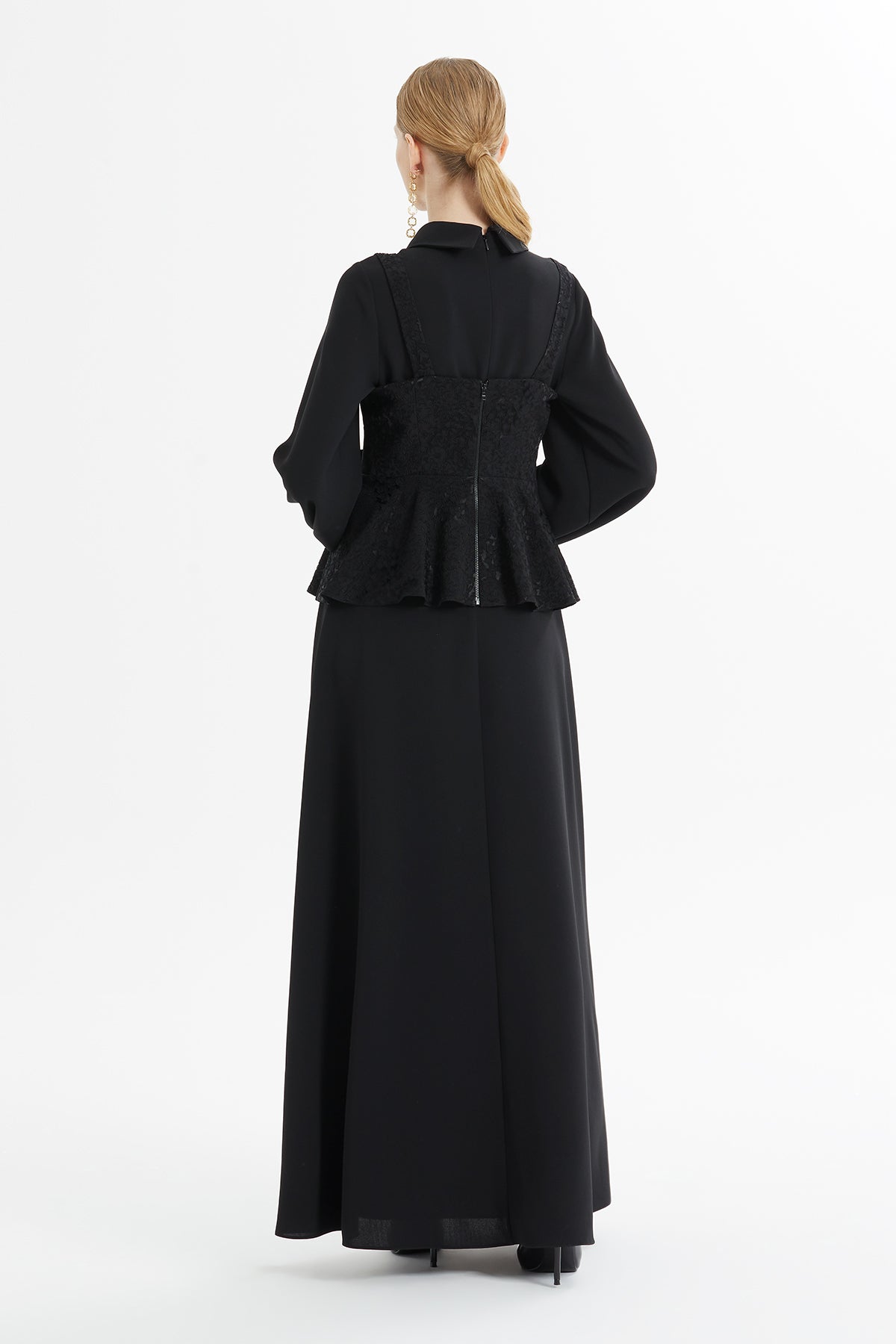 Dantel Detaylı Peplum Uzun Elbise