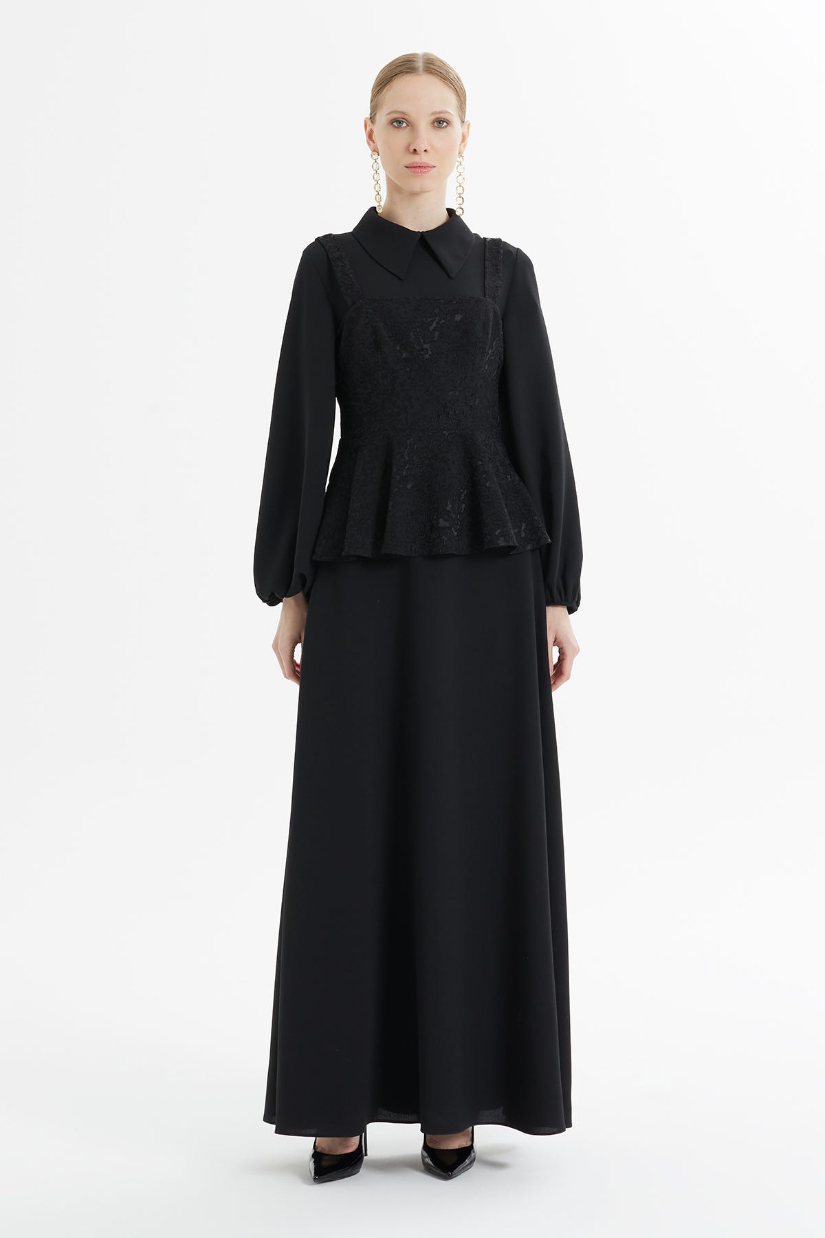 Dantel Detaylı Peplum Uzun Elbise