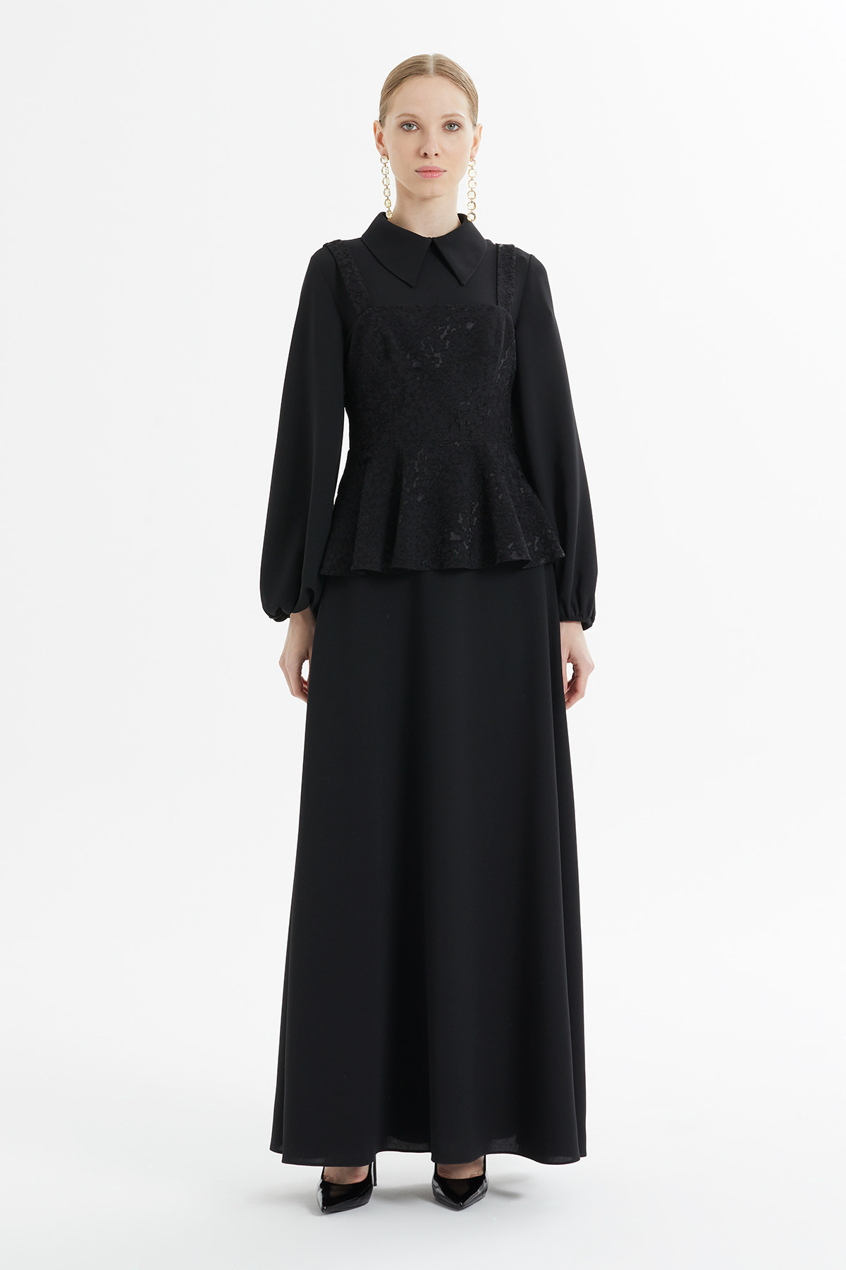 Dantel Detaylı Peplum Uzun Elbise