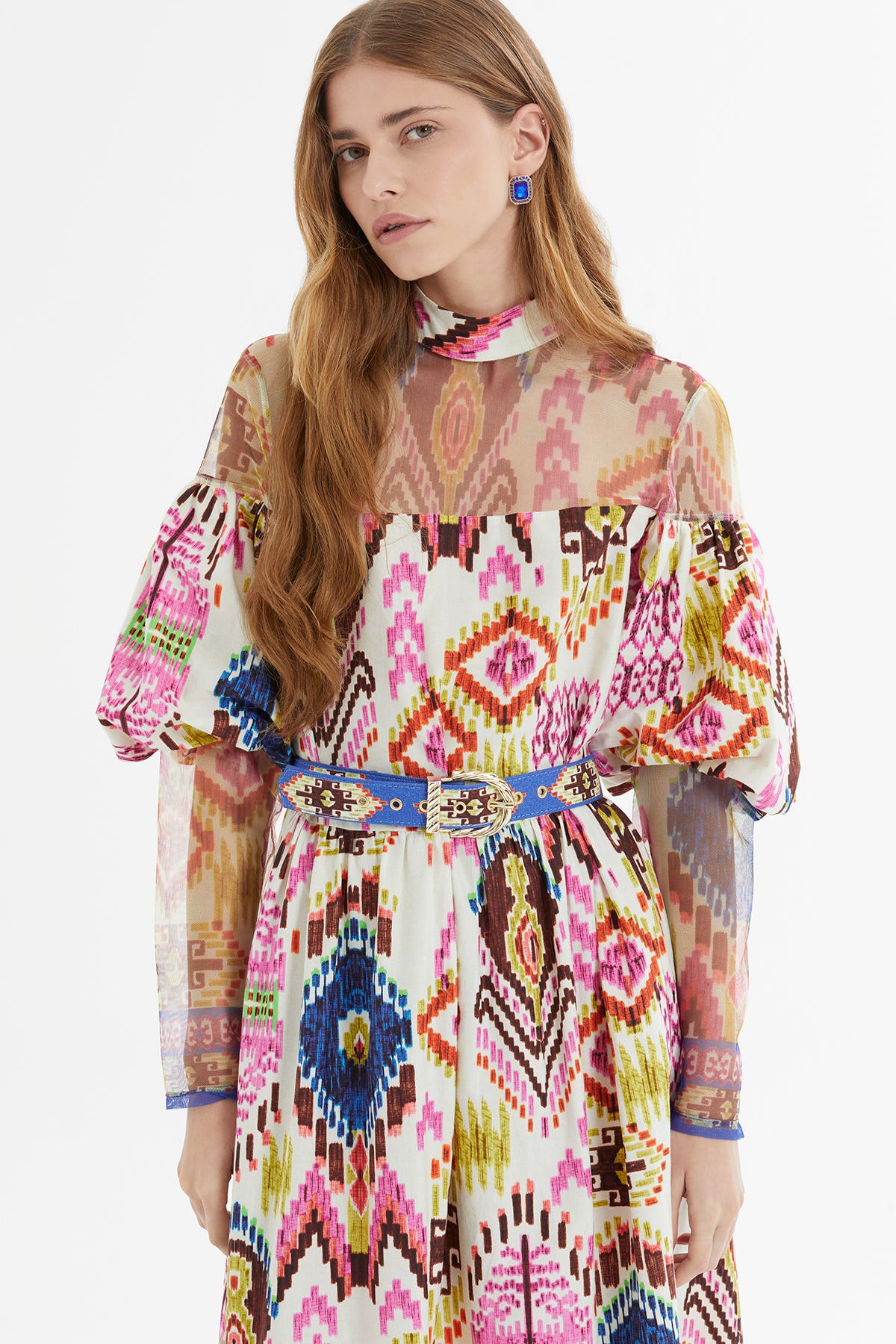 Balon Kollu Beli Kemerli Metal Tokalı Desenli Uzun Elbise