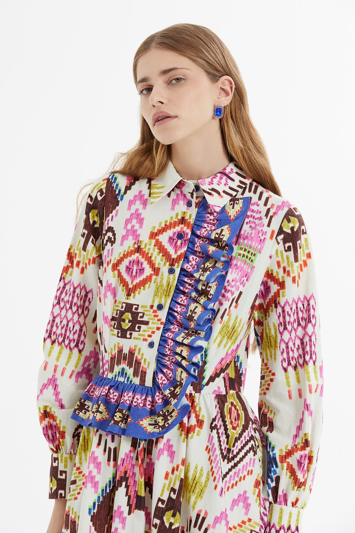 Ön Fırfır Detaylı Desenli Uzun Elbise