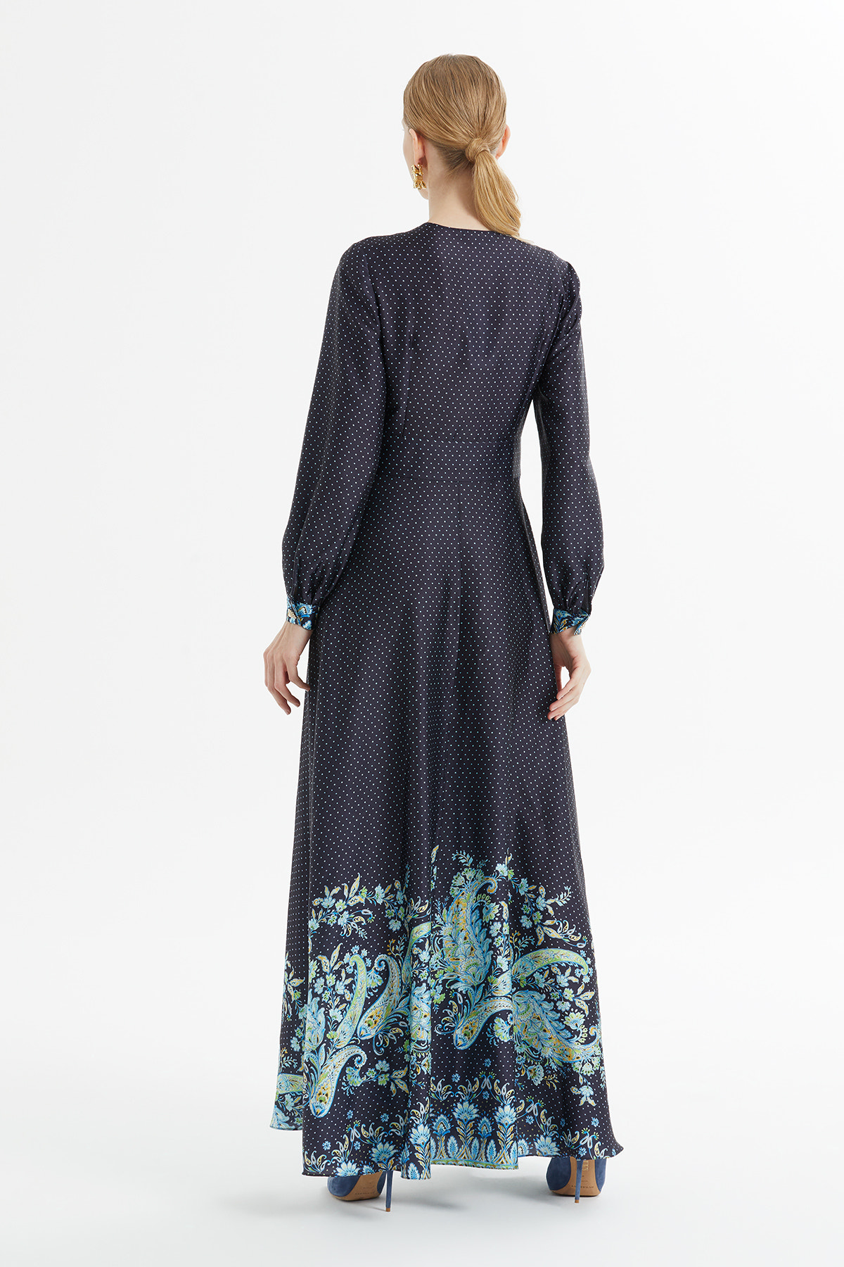 Kruvaze Kapamalı Beli Kuşaklı Puantiyeli Uzun Elbise