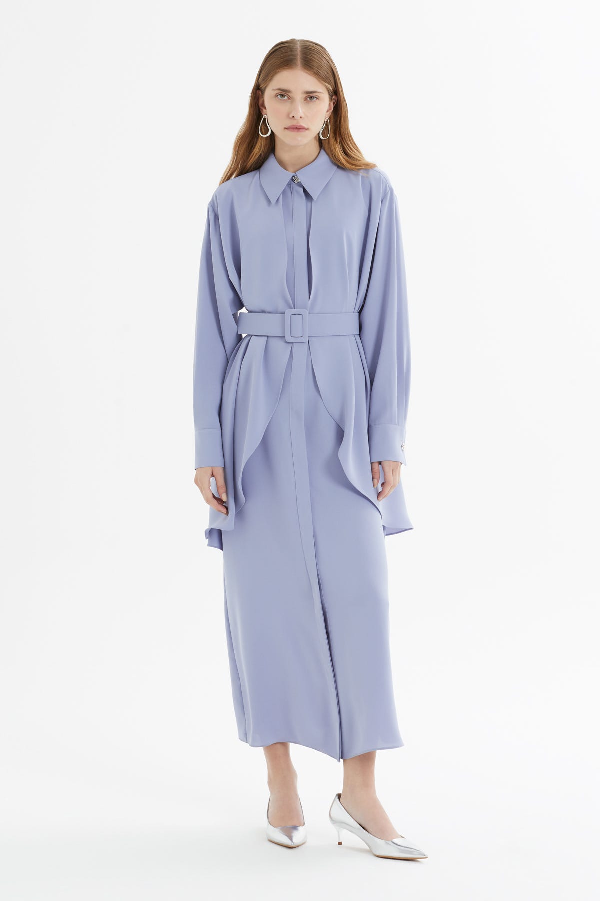 Tokalı Kemer Detaylı Asimetrik Midi Elbise