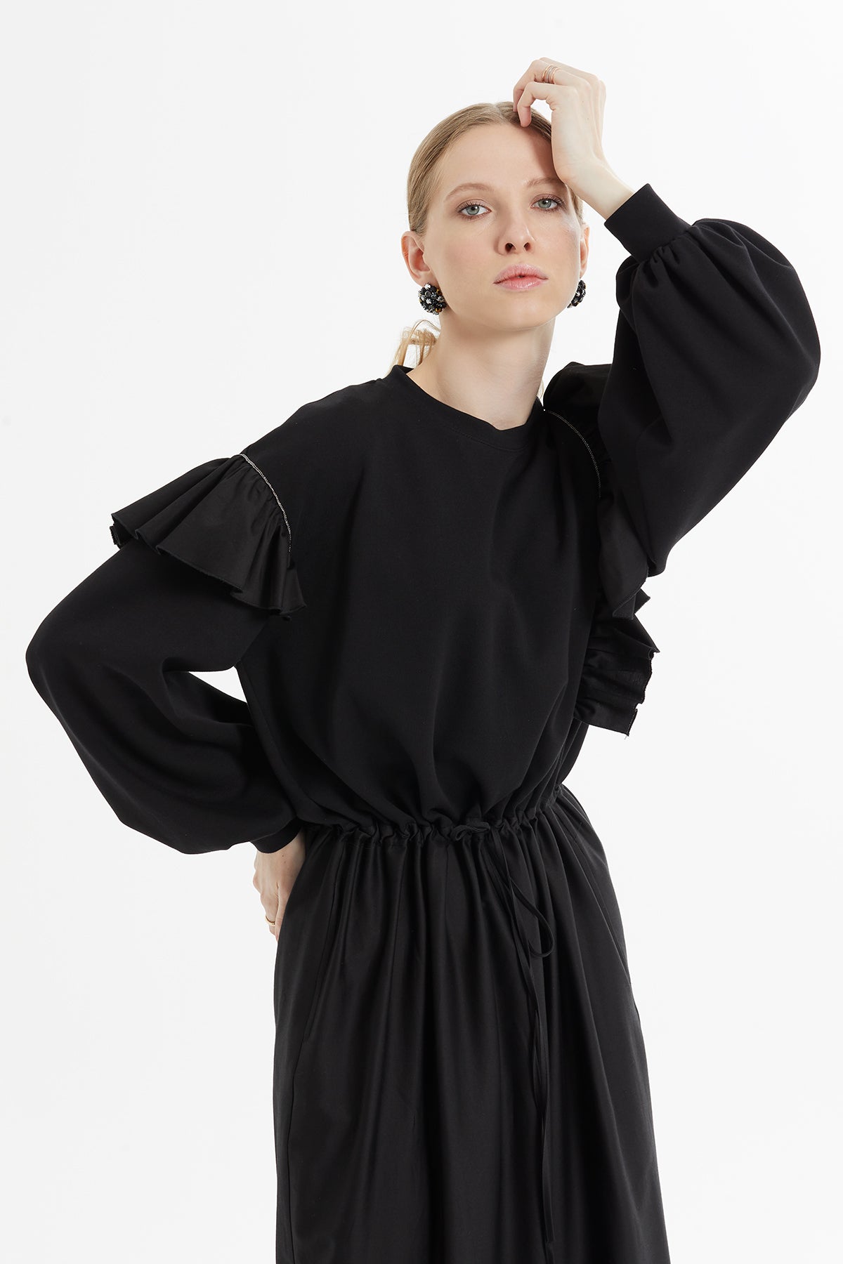 Volan Detaylı Uzun Elbise