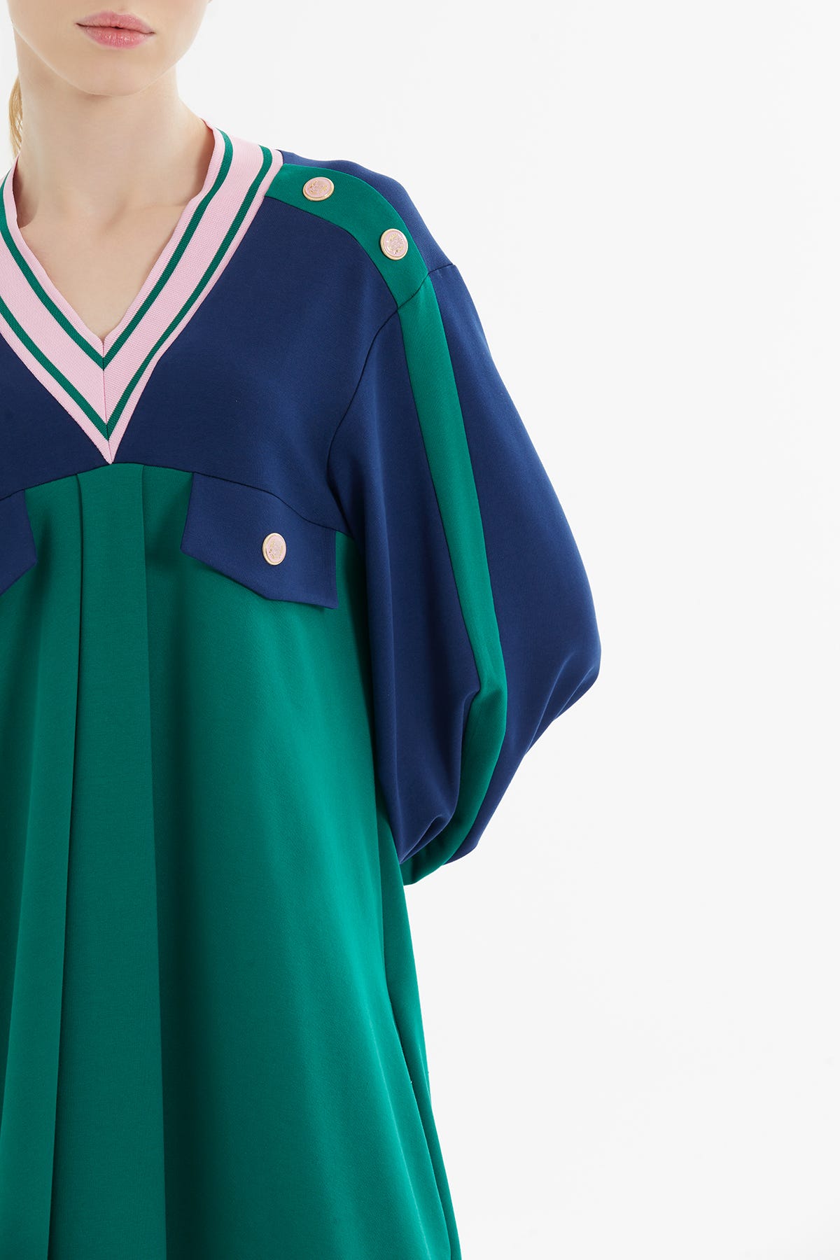 Düğme Detaylı V Yaka Ve Midi Elbise