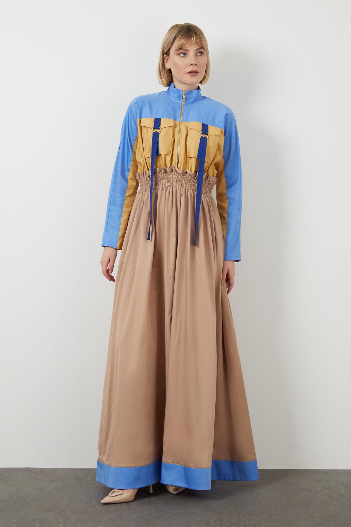 Fermuar Detaylı Renk Bloklu Uzun Elbise
