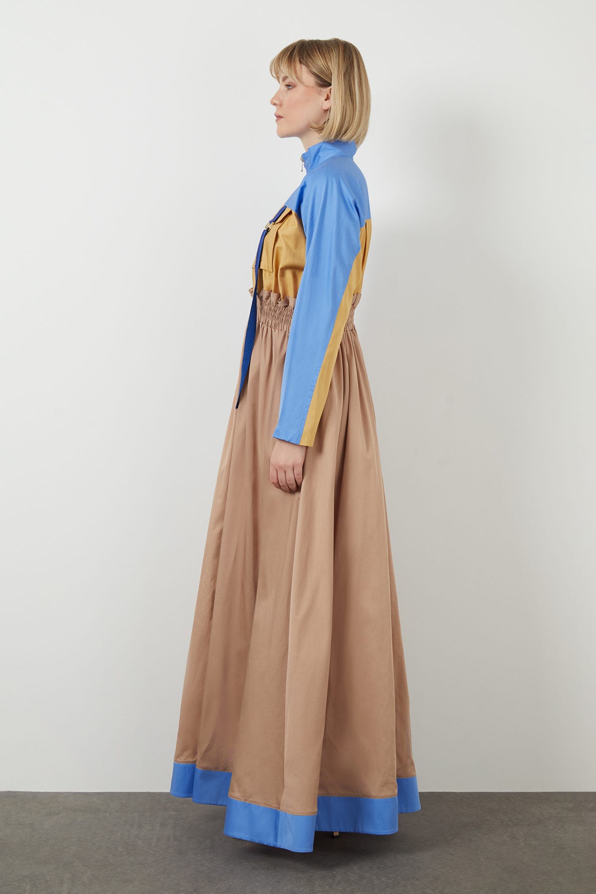 Fermuar Detaylı Renk Bloklu Uzun Elbise