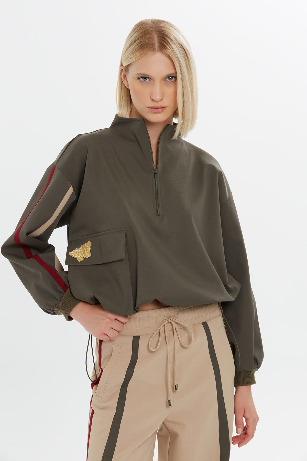 Cepli Ve Fermuarlı Haki Sweatshirt