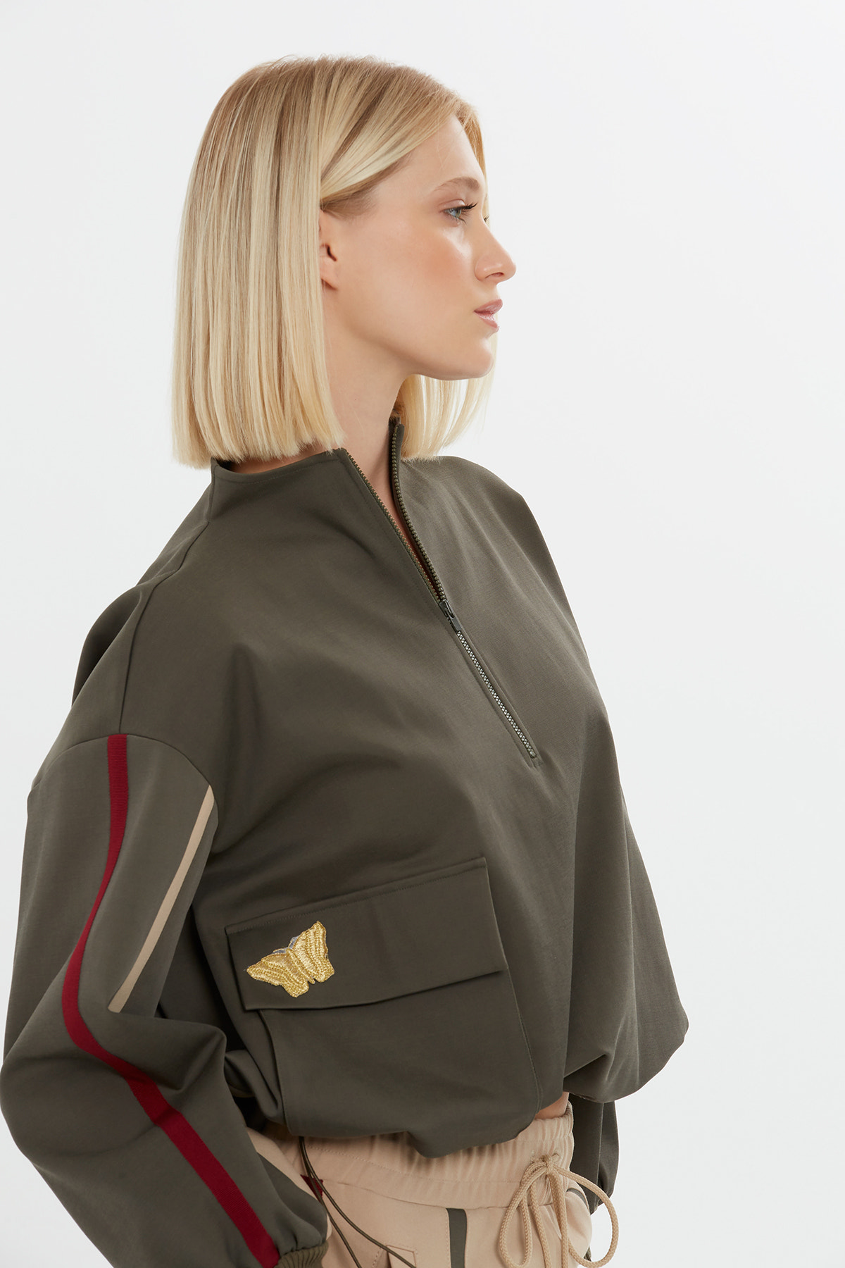 Cepli Ve Fermuarlı Haki Sweatshirt