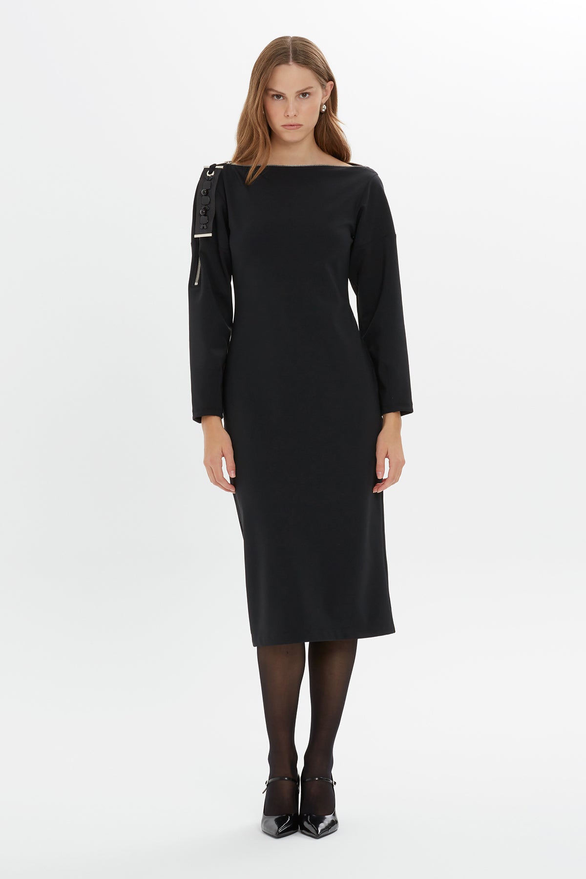 Yakası Ve Omuzu Fermuar Detaylı Uzun Kollu Midi Boy Elbise