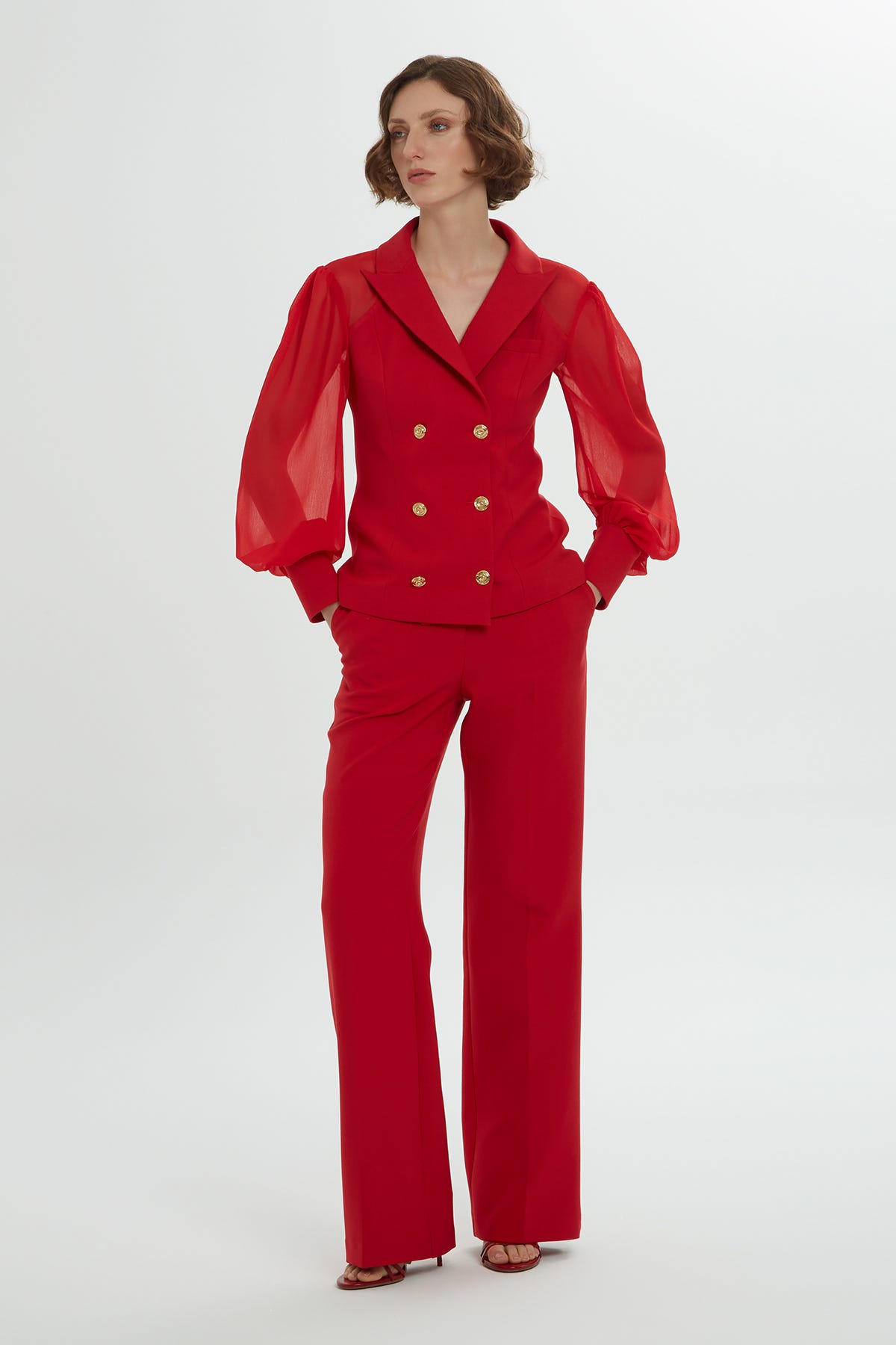 Kolları Şifon Kruvaze Kapamalı Pantolonlu Takım