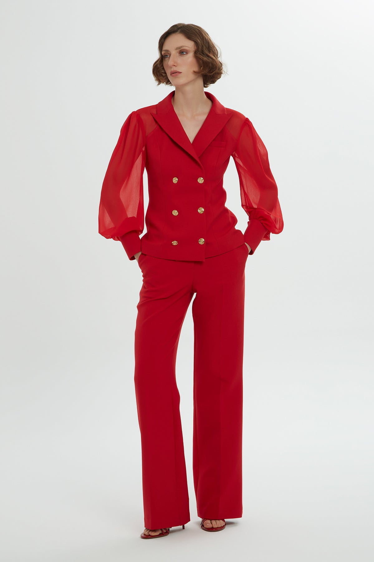 Kolları Şifon Kruvaze Kapamalı Pantolonlu Takım