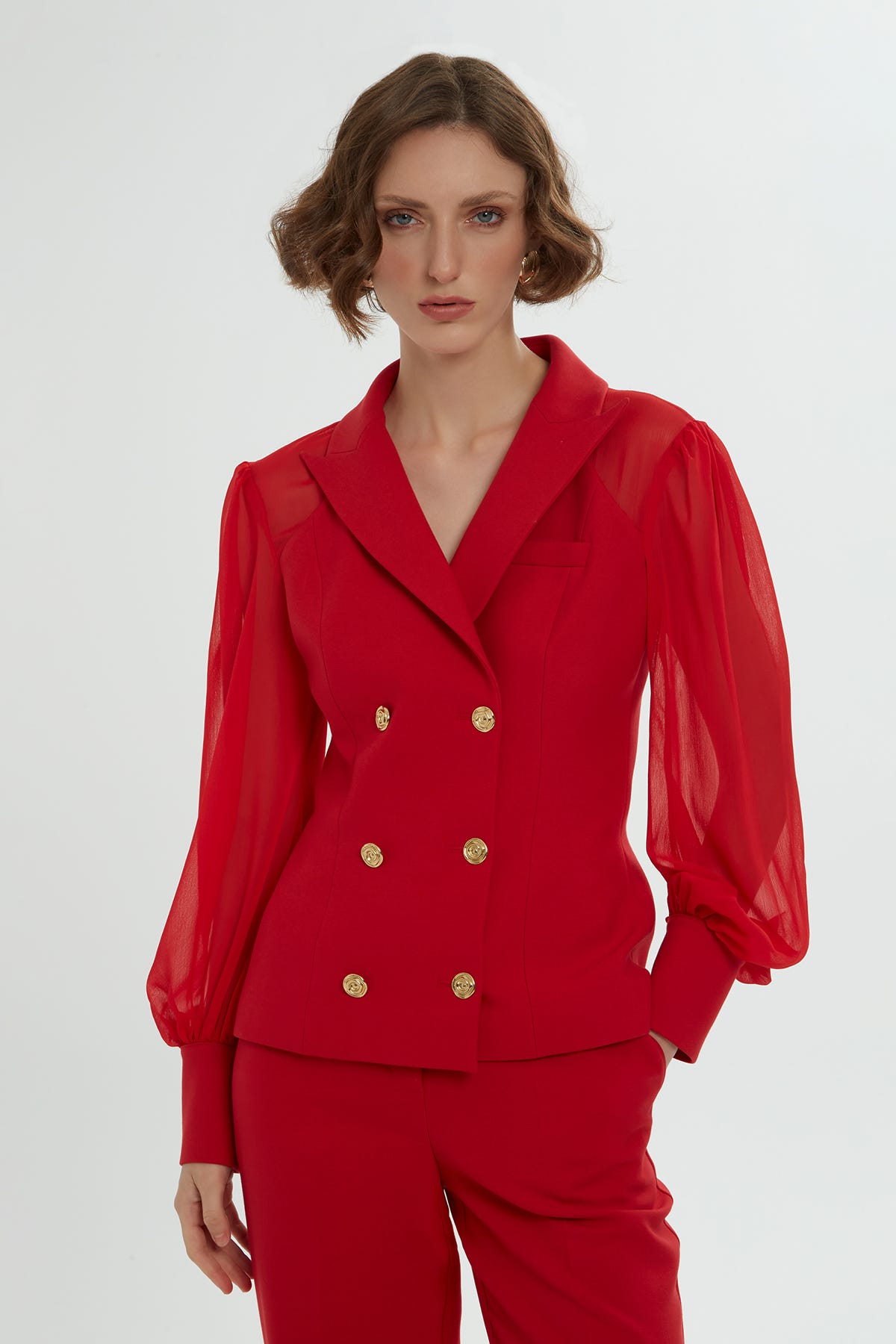 Kolları Şifon Kruvaze Kapamalı Pantolonlu Takım