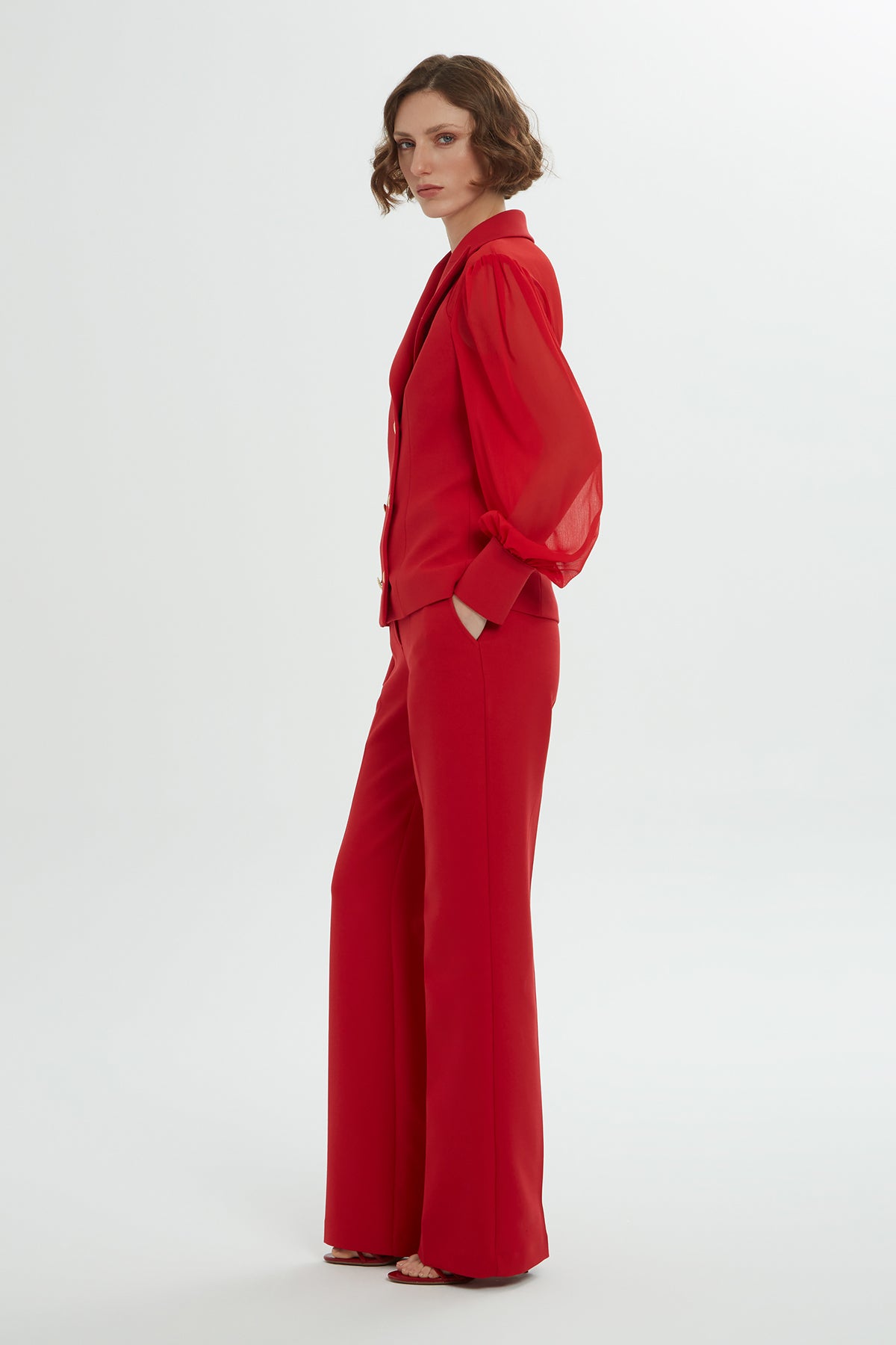 Kolları Şifon Kruvaze Kapamalı Pantolonlu Takım