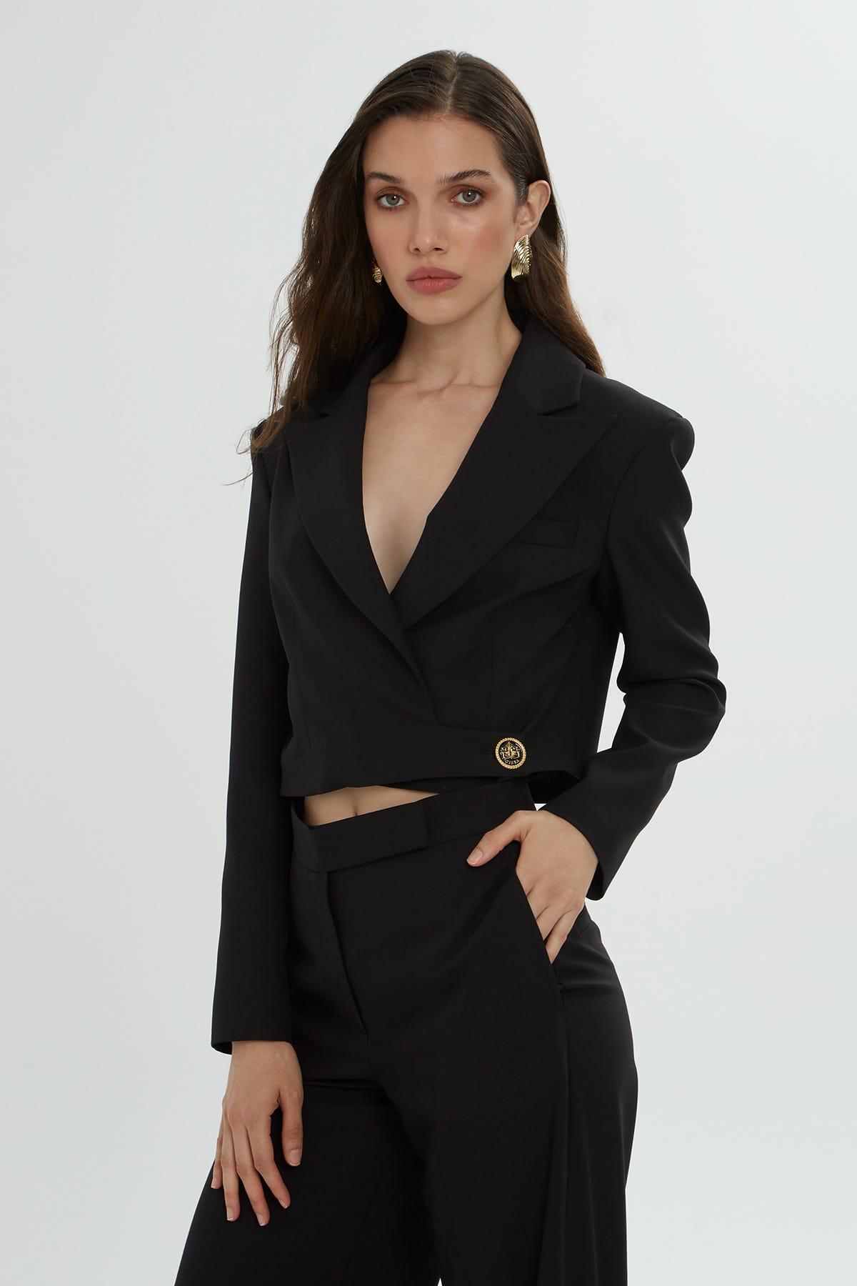 Crop Ceketli Pantolonlu Takım