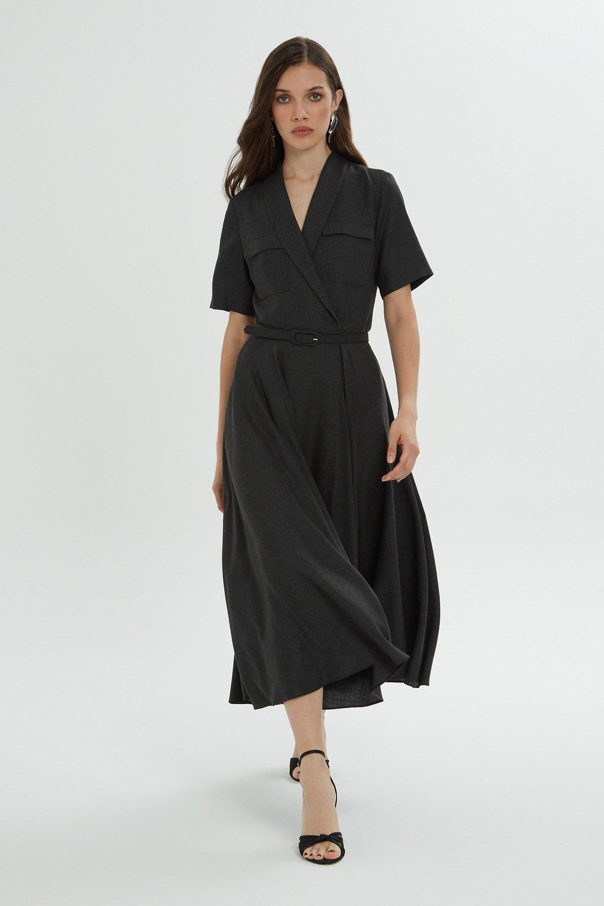 Çıtçıt Kapamalı Kemerli Midi Elbise