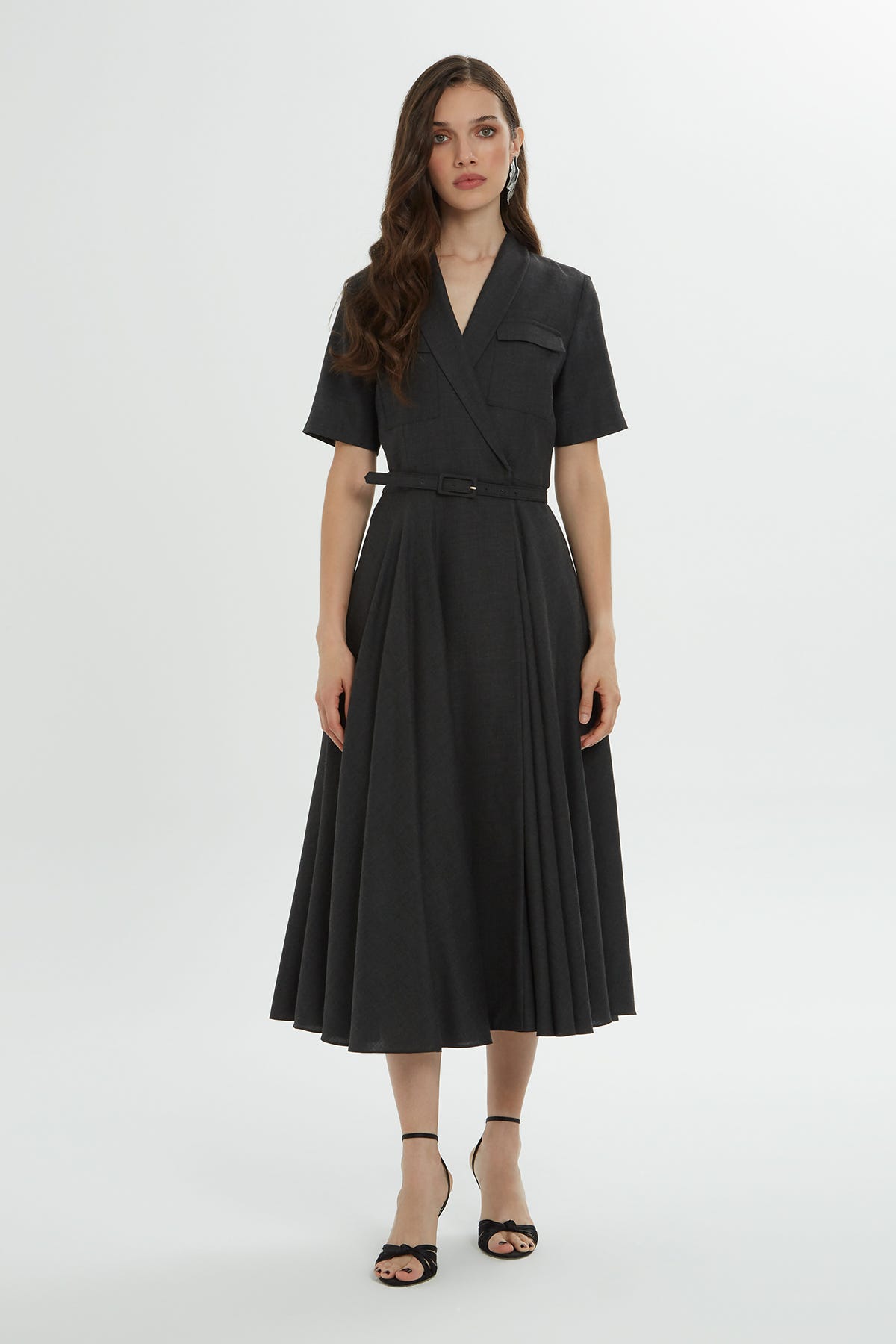 Çıtçıt Kapamalı Kemerli Midi Elbise