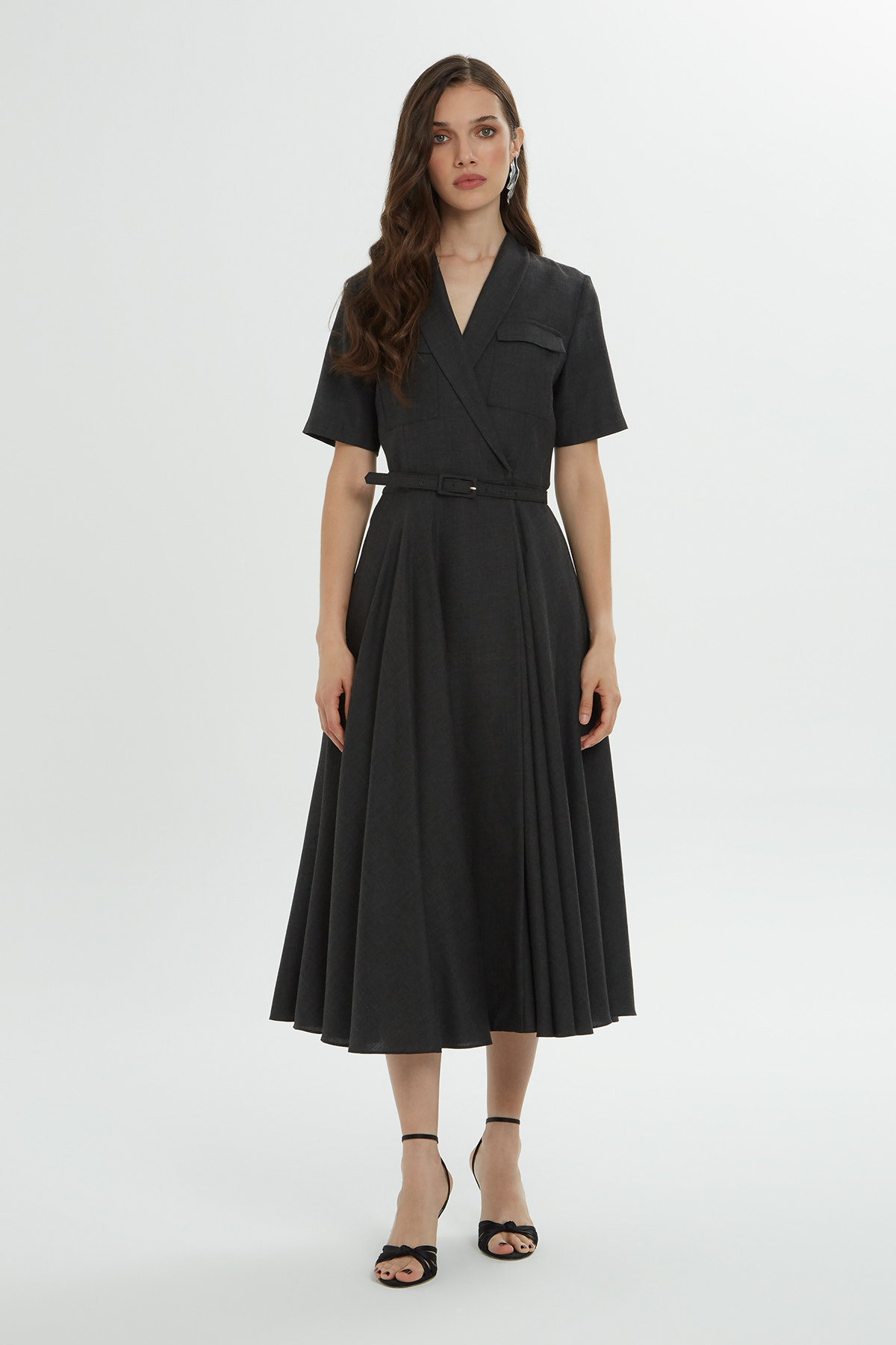 Çıtçıt Kapamalı Kemerli Midi Elbise