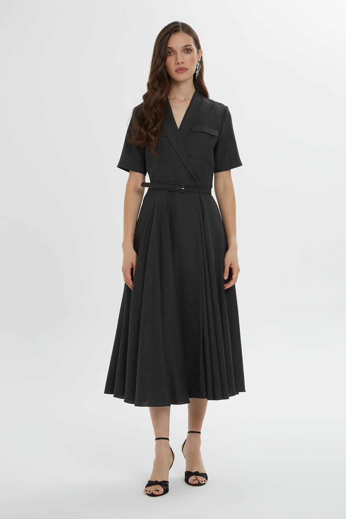 Çıtçıt Kapamalı Kemerli Midi Elbise