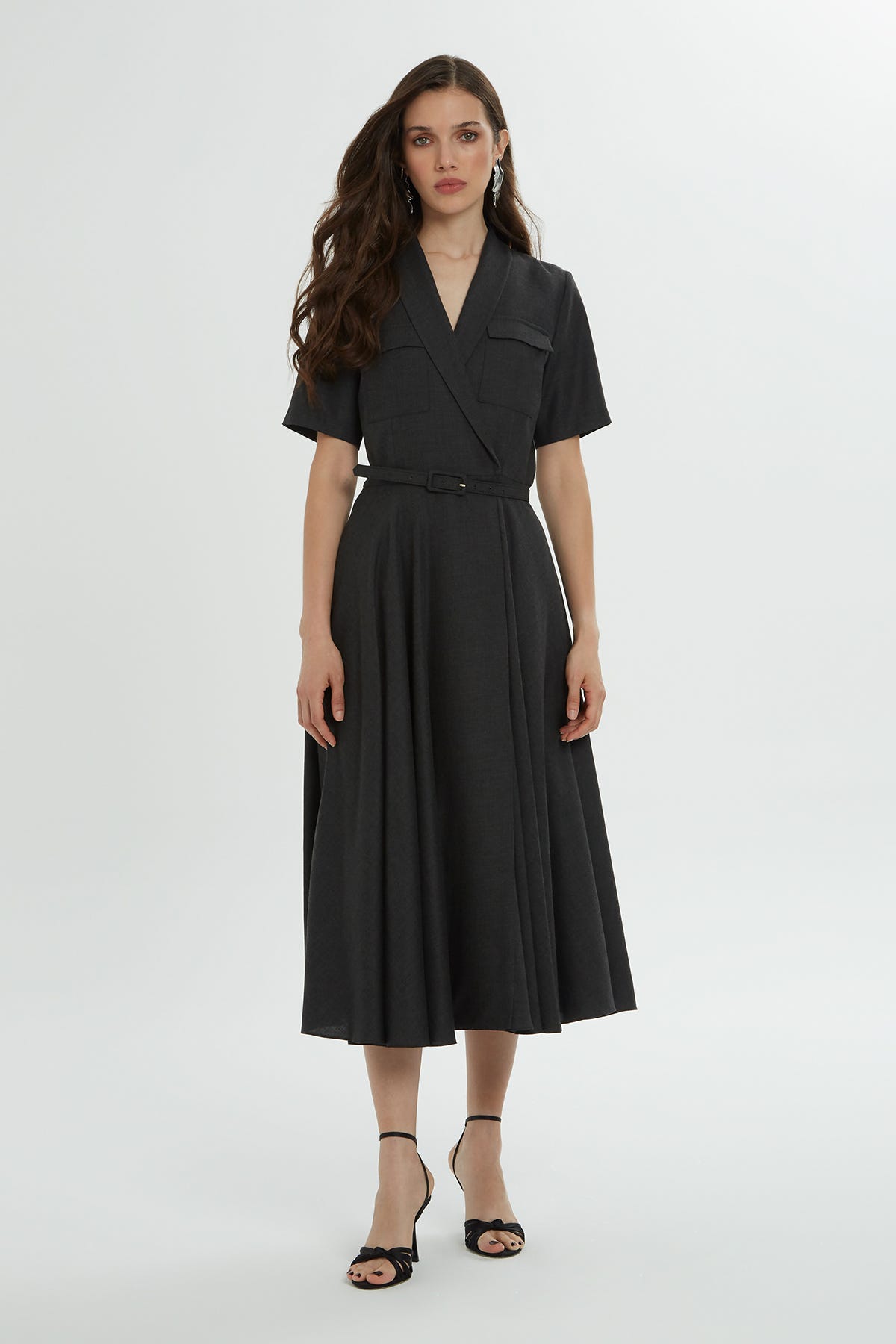Çıtçıt Kapamalı Kemerli Midi Elbise