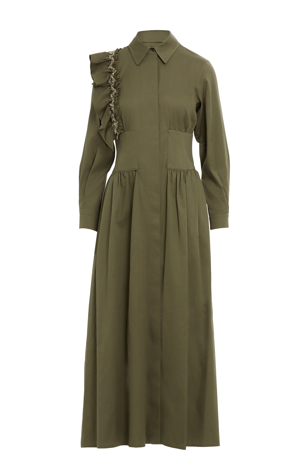 Beli Korsaj Detaylı Pile Üstüne Boncuk İşlemeli Maxi Elbise