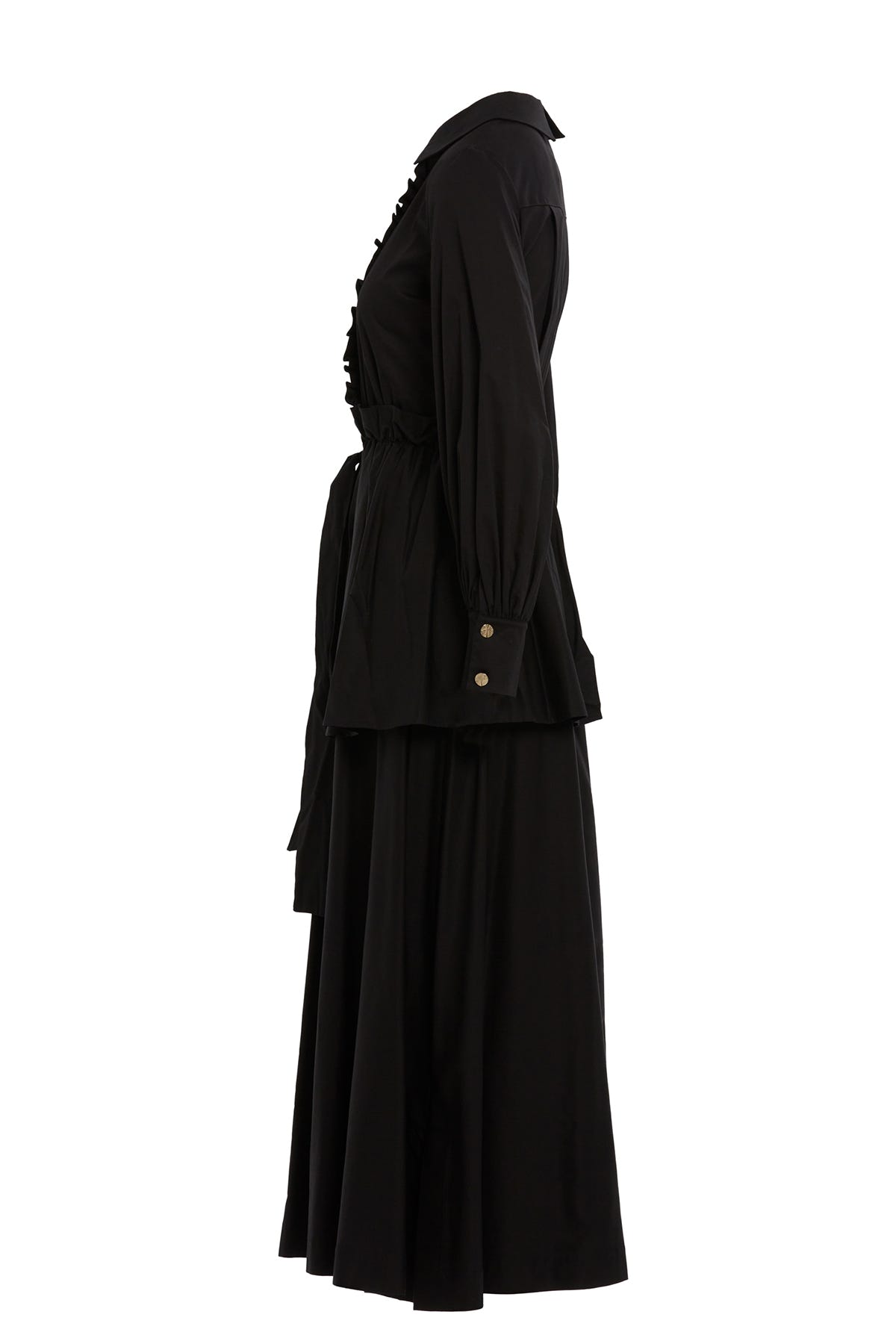 Fırfır Detaylı Kendi Kumaşından Kuşaklı Astarsız Uzun Elbise