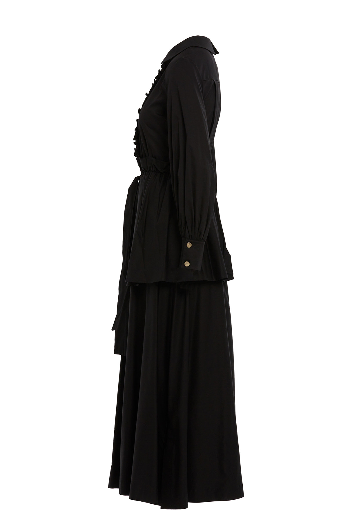 Fırfır Detaylı Kendi Kumaşından Kuşaklı Astarsız Uzun Elbise