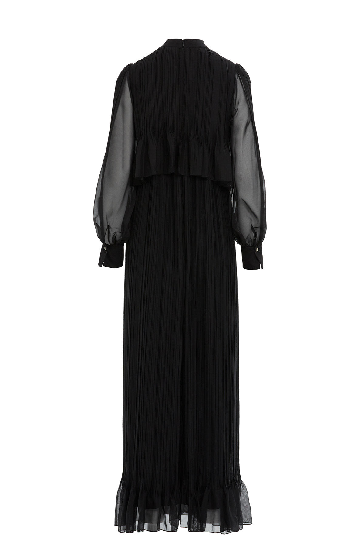 Yakası İşleme Detaylı Pliseli Uzun Boy Elbise