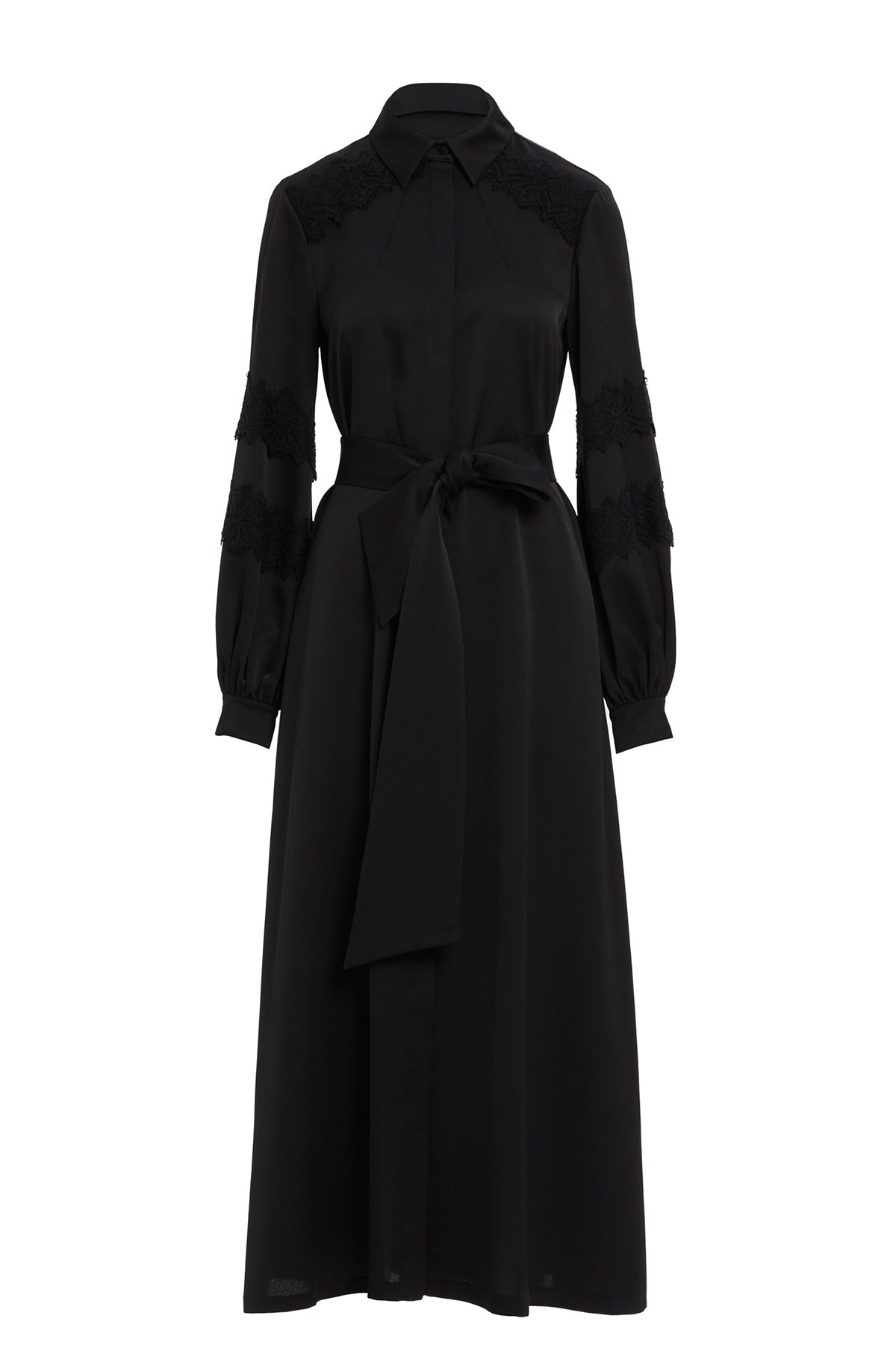 Gömlek Yaka Dantel Detaylı Seyyar Kuşaklı Maxi Elbise