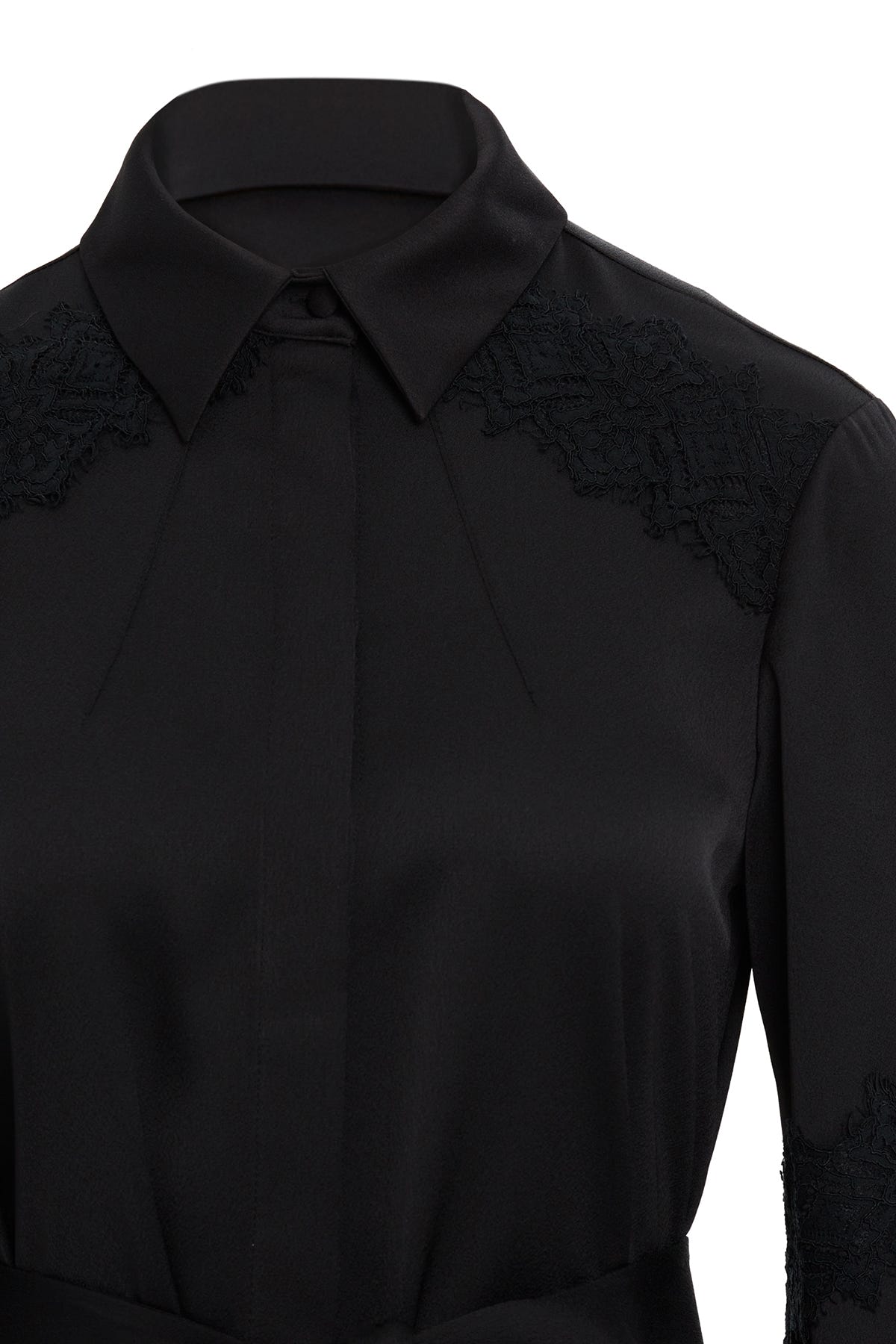 Gömlek Yaka Dantel Detaylı Seyyar Kuşaklı Maxi Elbise