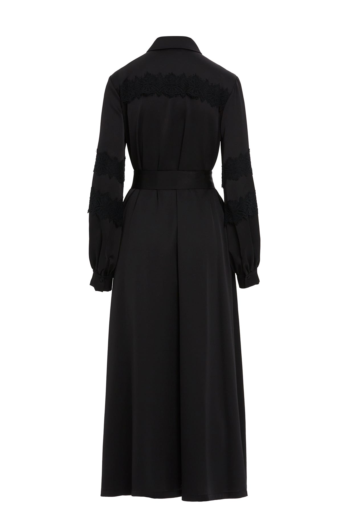 Gömlek Yaka Dantel Detaylı Seyyar Kuşaklı Maxi Elbise