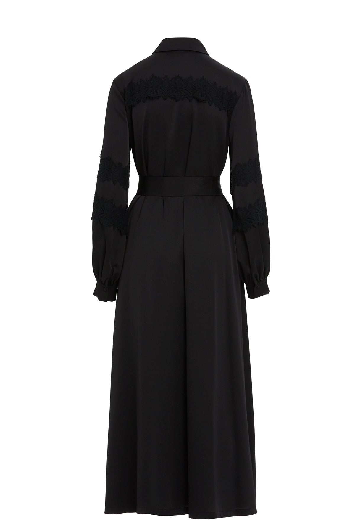 Gömlek Yaka Dantel Detaylı Seyyar Kuşaklı Maxi Elbise