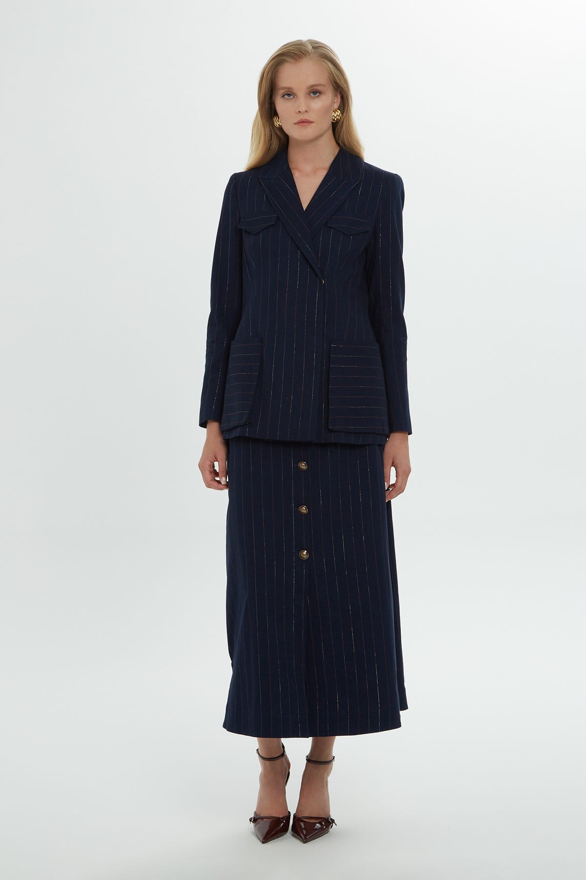 Kolları Düğme Detaylı Kruvaze Çizgili Ceket