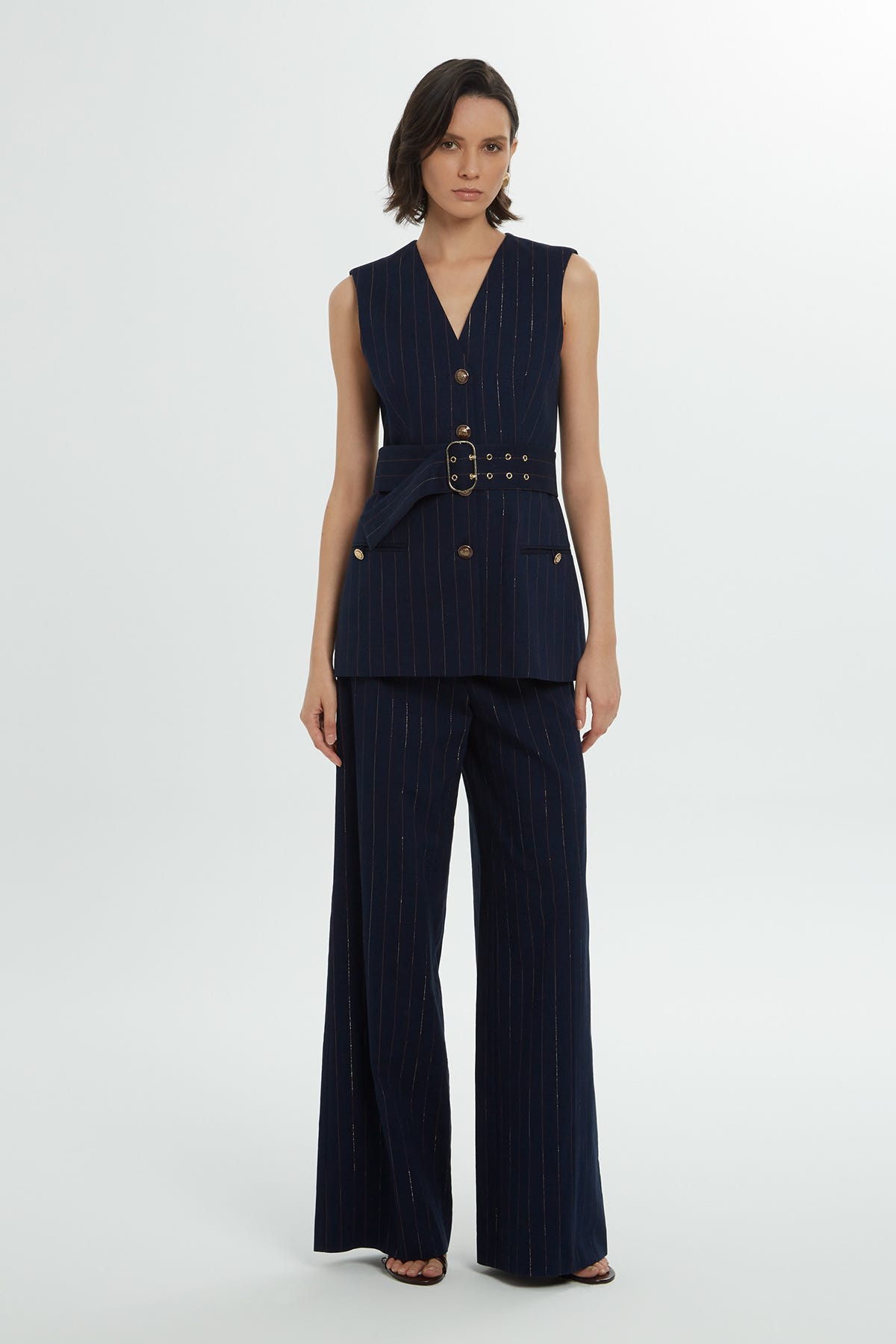 Kemer Detaylı Çizgili Yelek