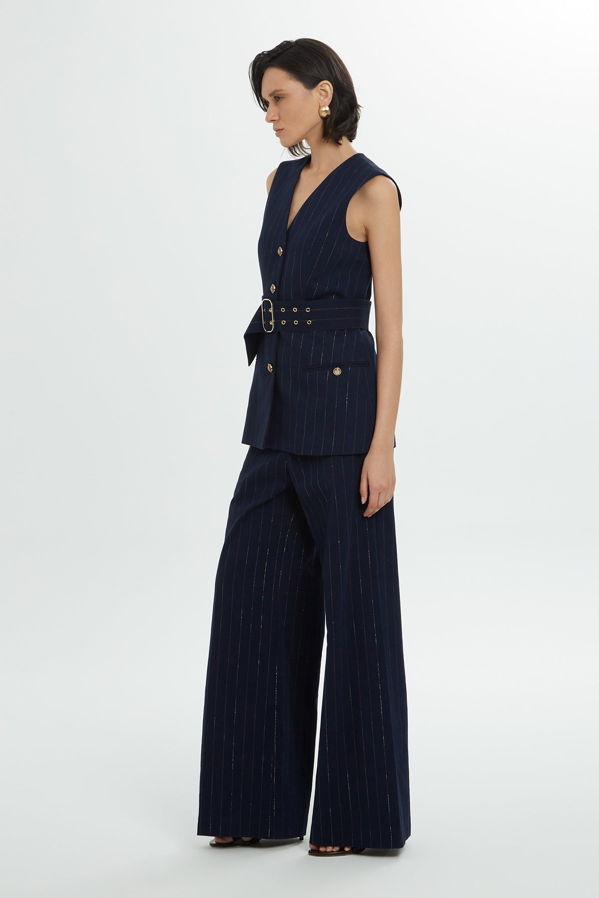 Kemer Detaylı Çizgili Yelek