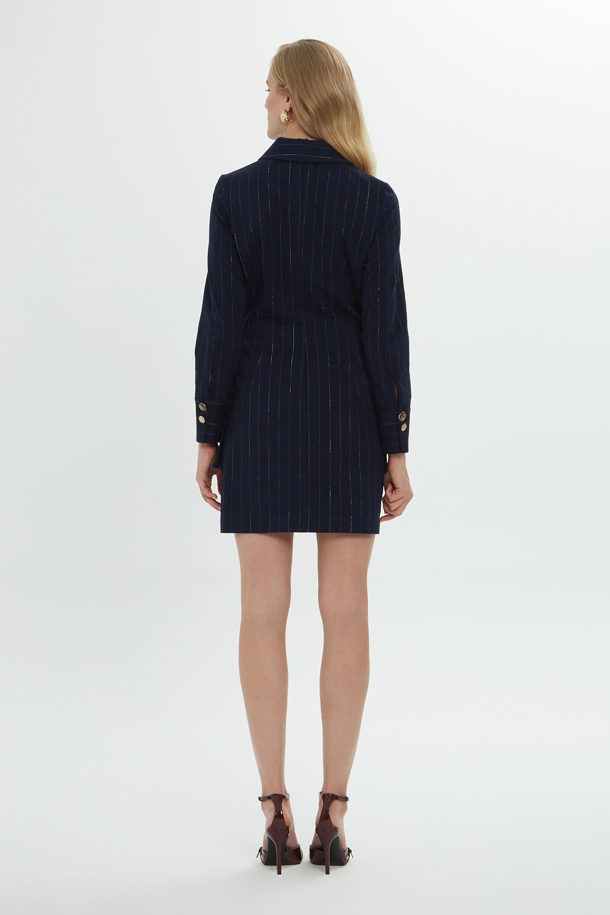 Uzun Kollu Düğme Detaylı Çizgili Gömlek Mini Elbise