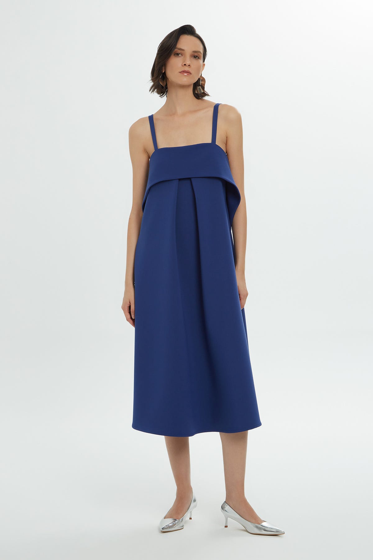 Askılı Drapeli Midi Elbise