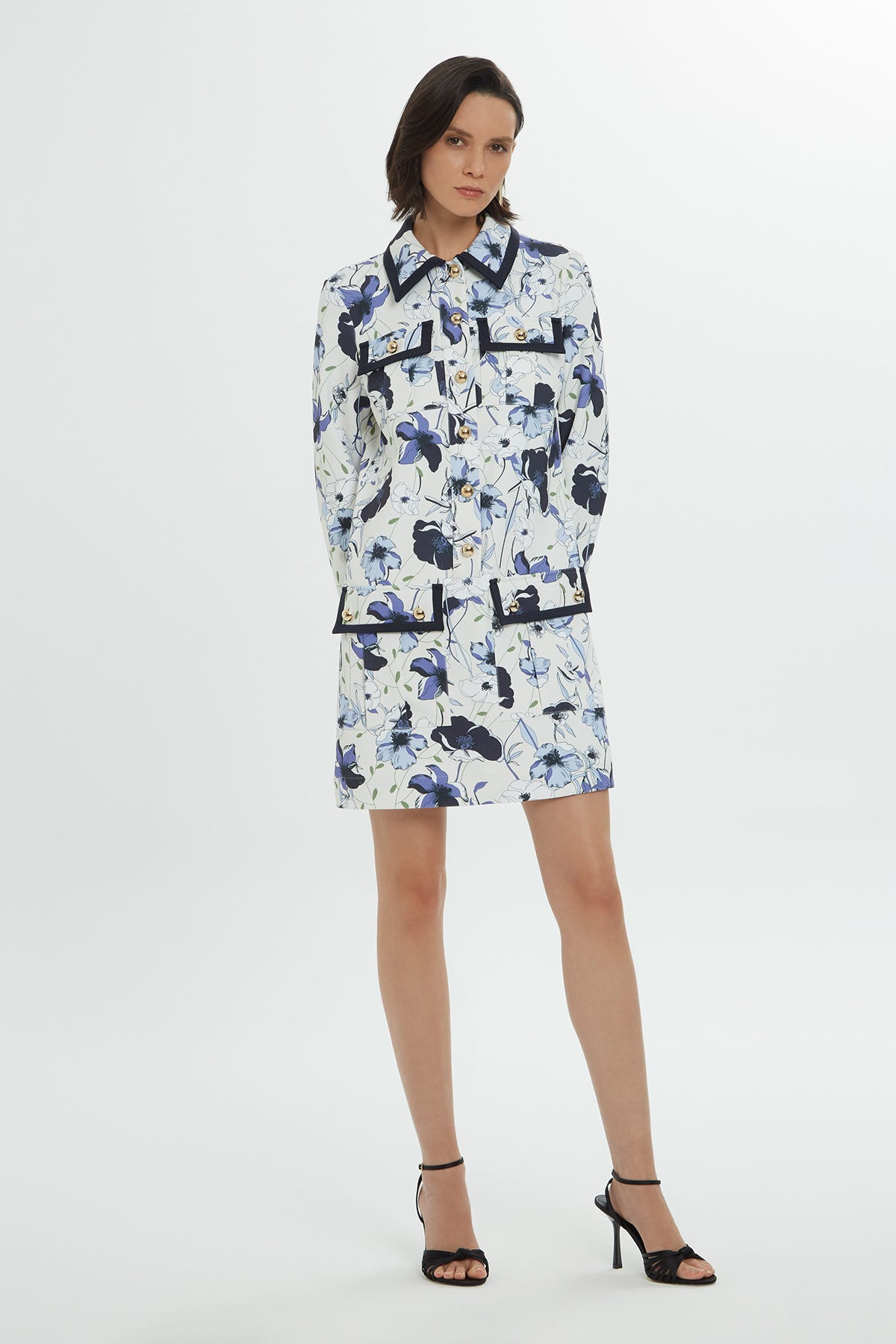 Düğme Detaylı Uzun Kollu Desenli Mini Elbise