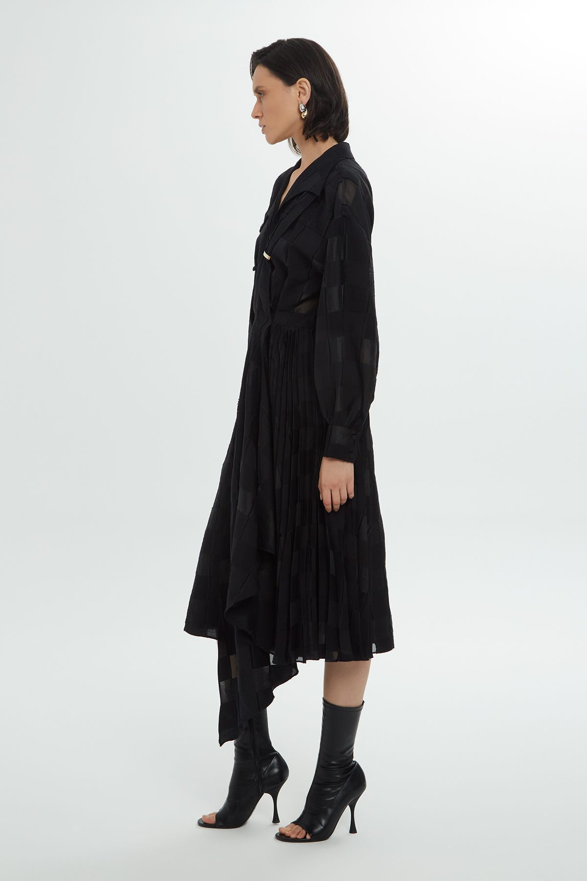 Kare Desenli Asimetrik Kesim Midi Elbise