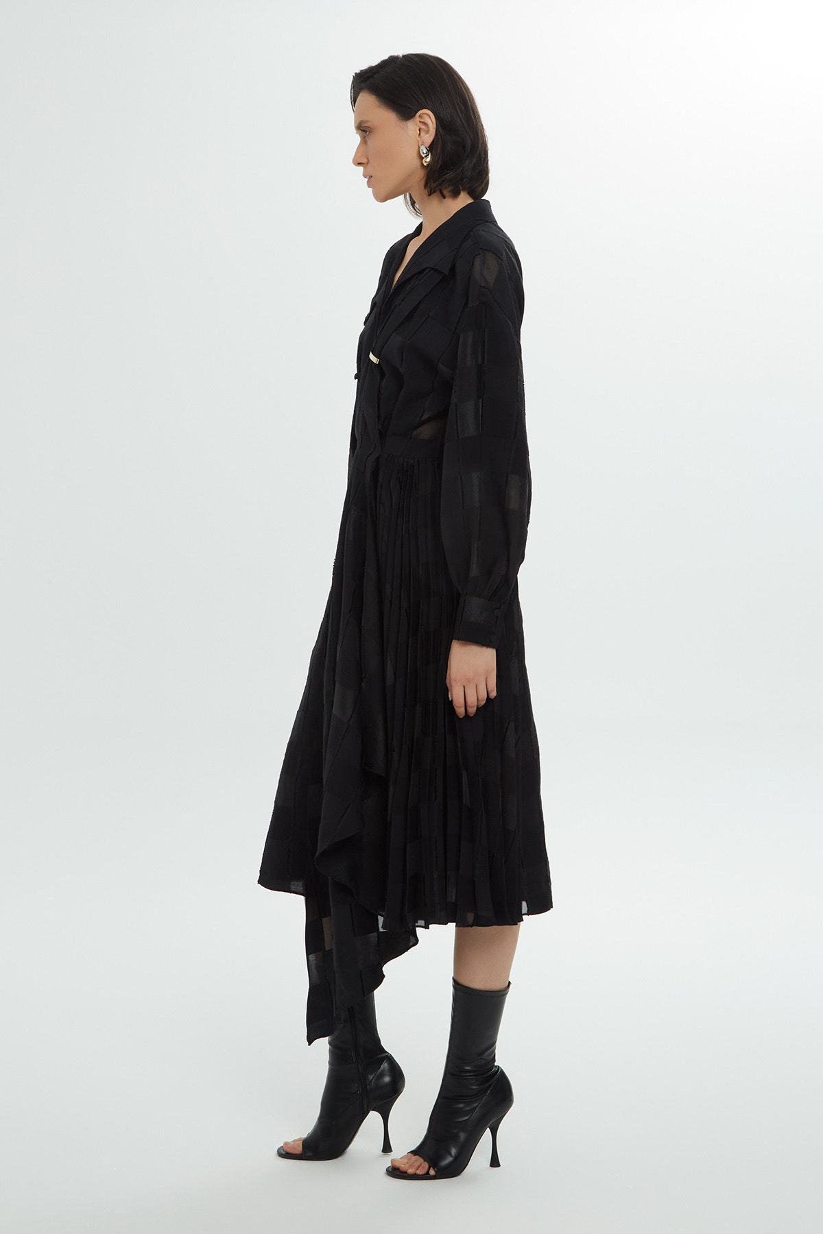 Kare Desenli Asimetrik Kesim Midi Elbise