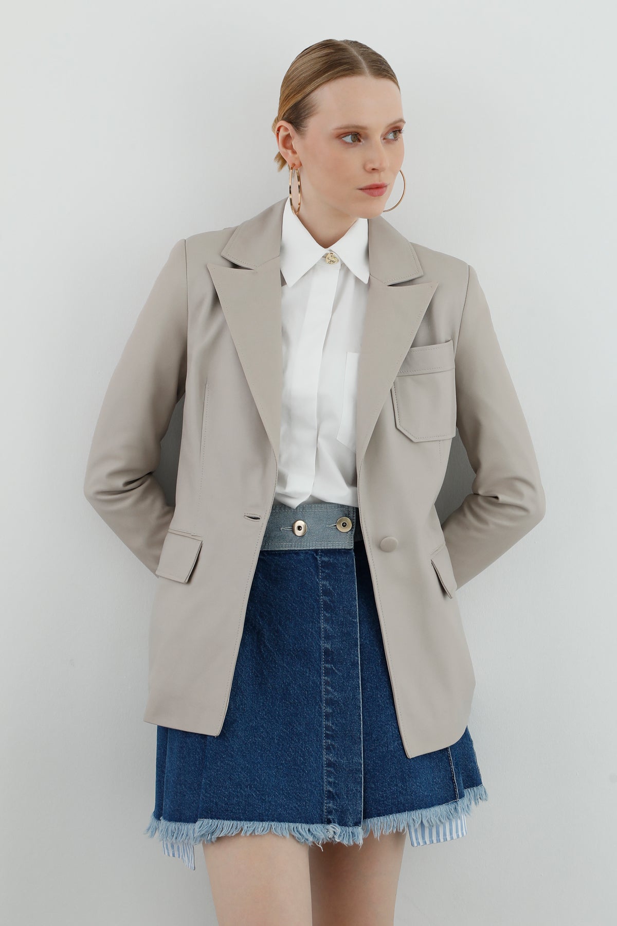 Ceket Yakalı Cep Detaylı Klasik Blazer Deri Ceket