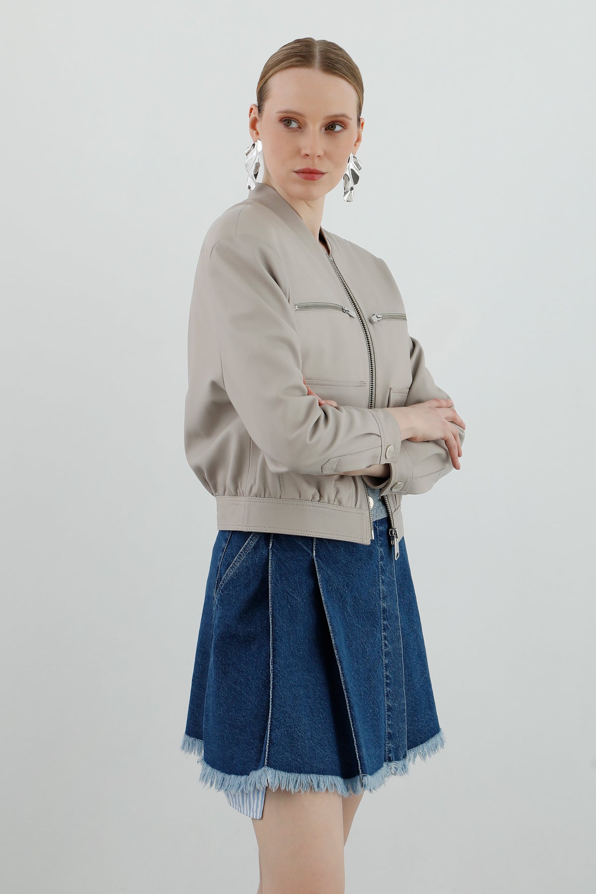 Hakim Yakalı Uzun Kollu Kısa Bomber Deri Ceket