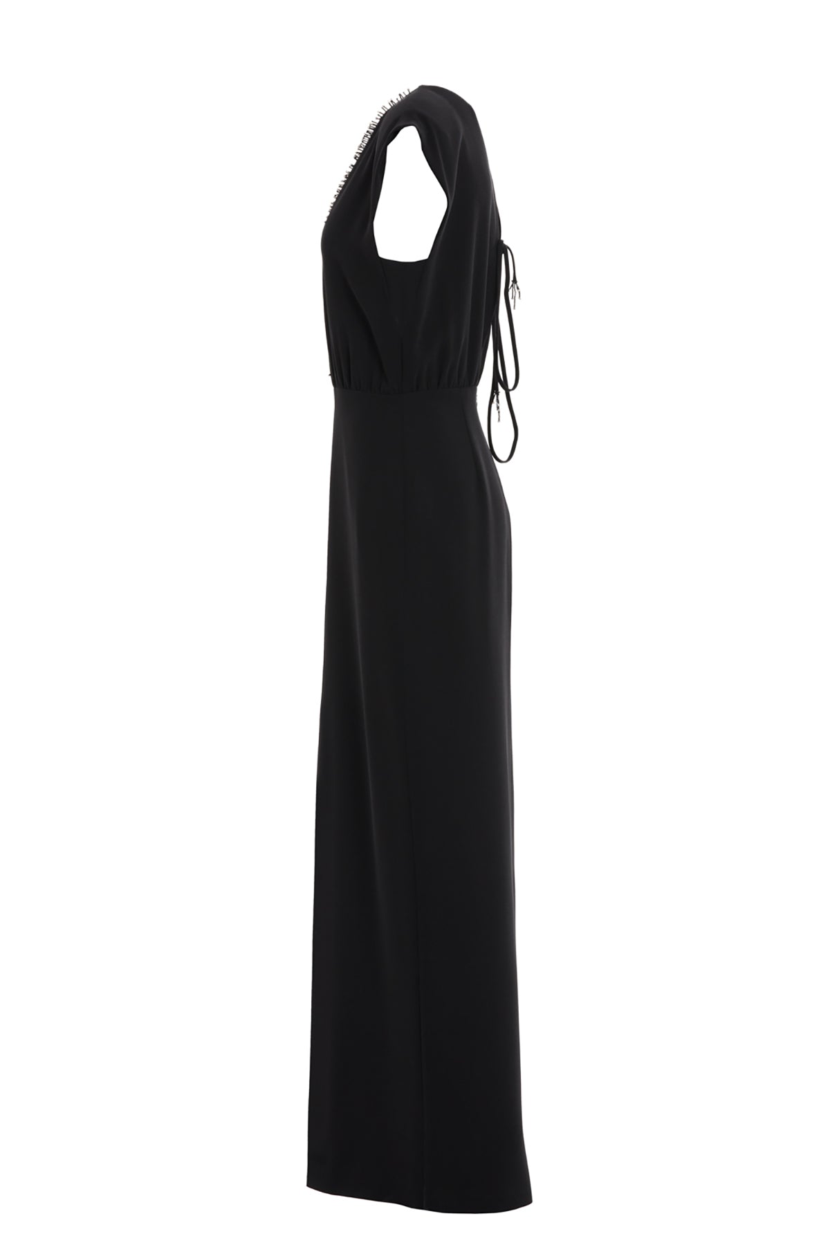 Yakası İşleme Detaylı V Yaka Yırtmaçlı Uzun Abiye Elbise