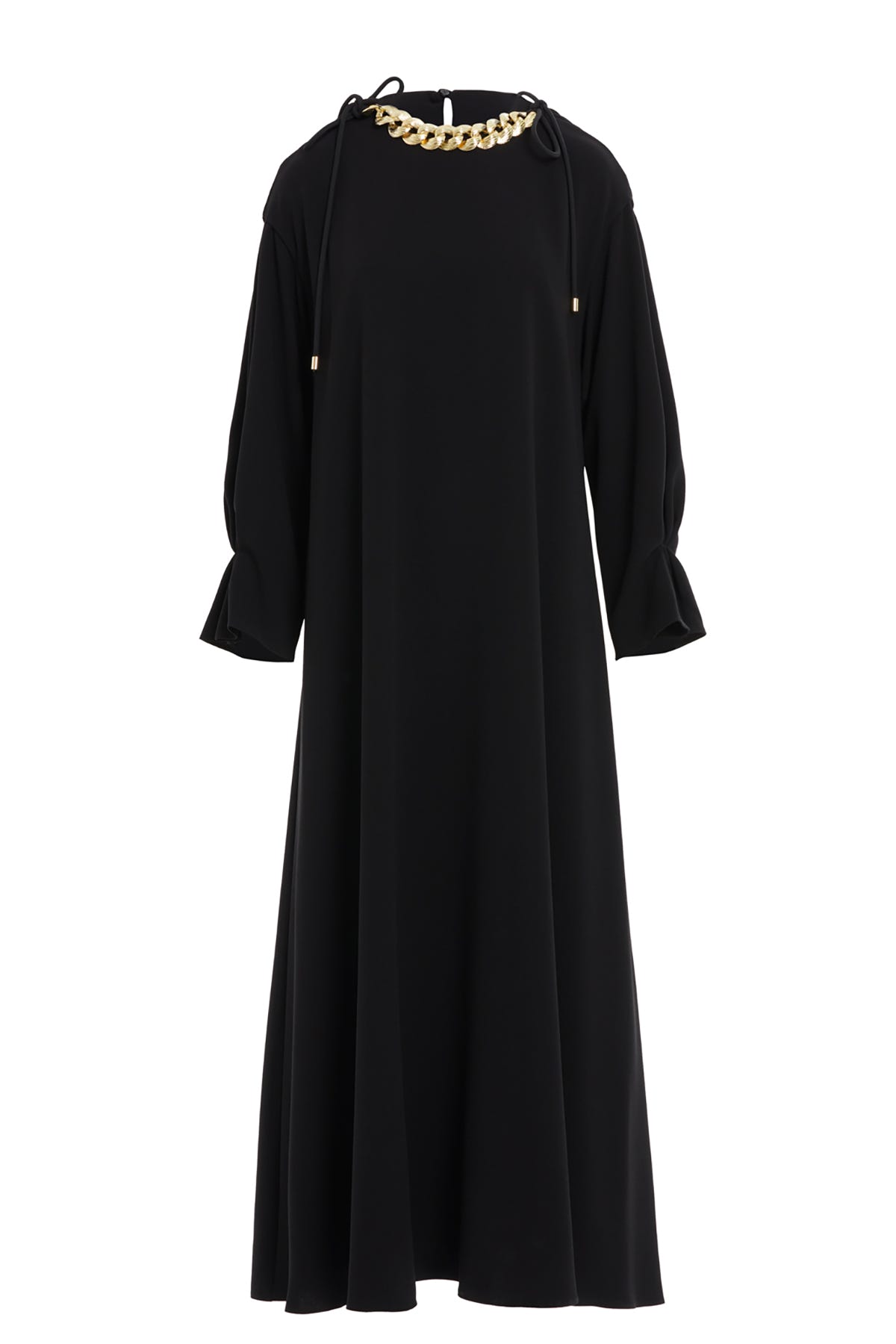 Uzun Kollu Beli İşlemeli Maxi Elbise